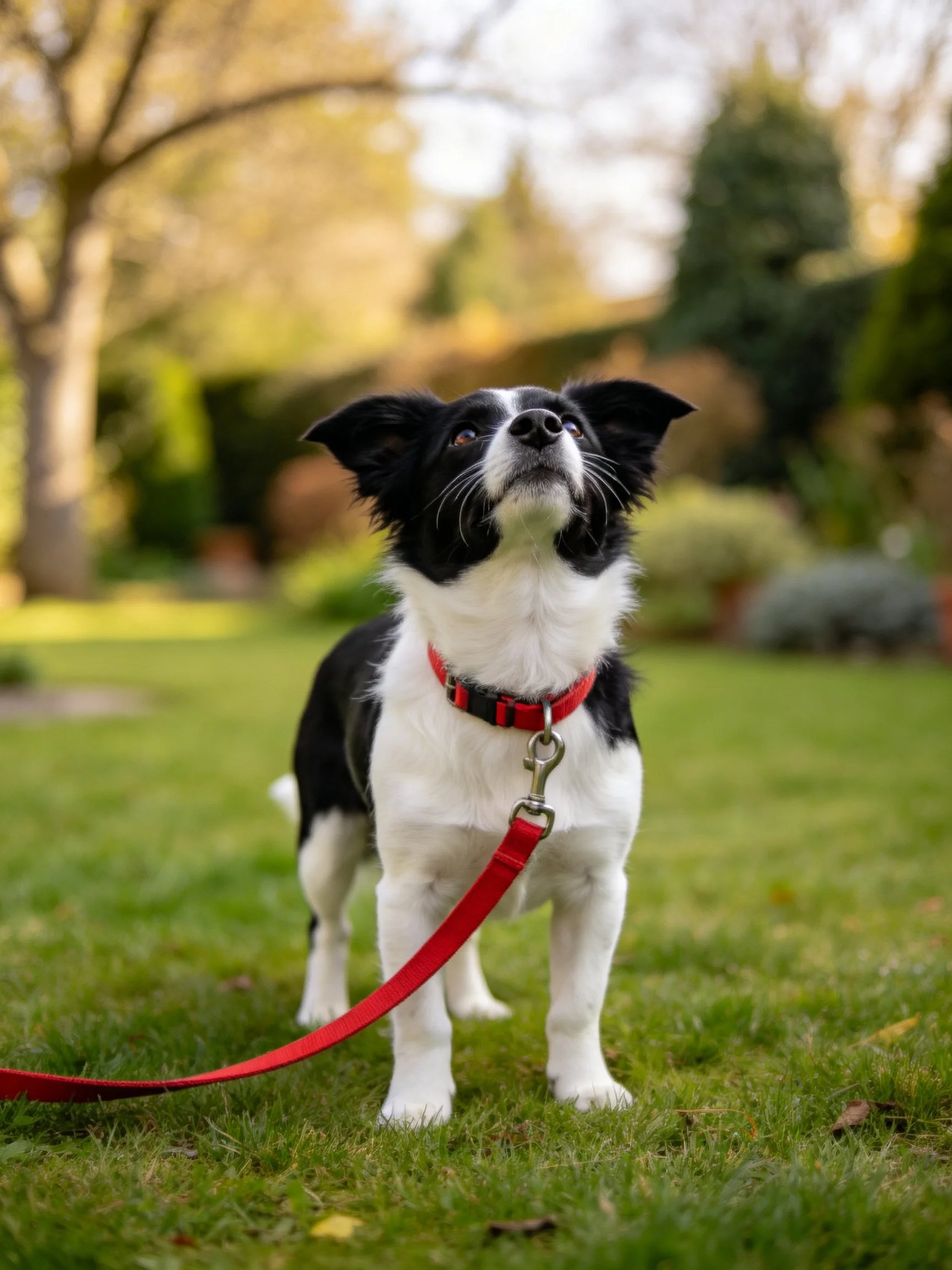A black and white dog with a red collar stands on green grass.