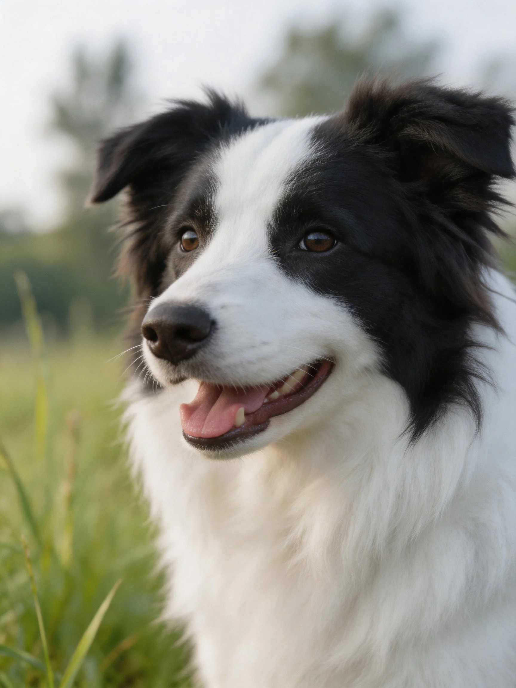 A black and white dog enjoys a grassy outdoor setting.