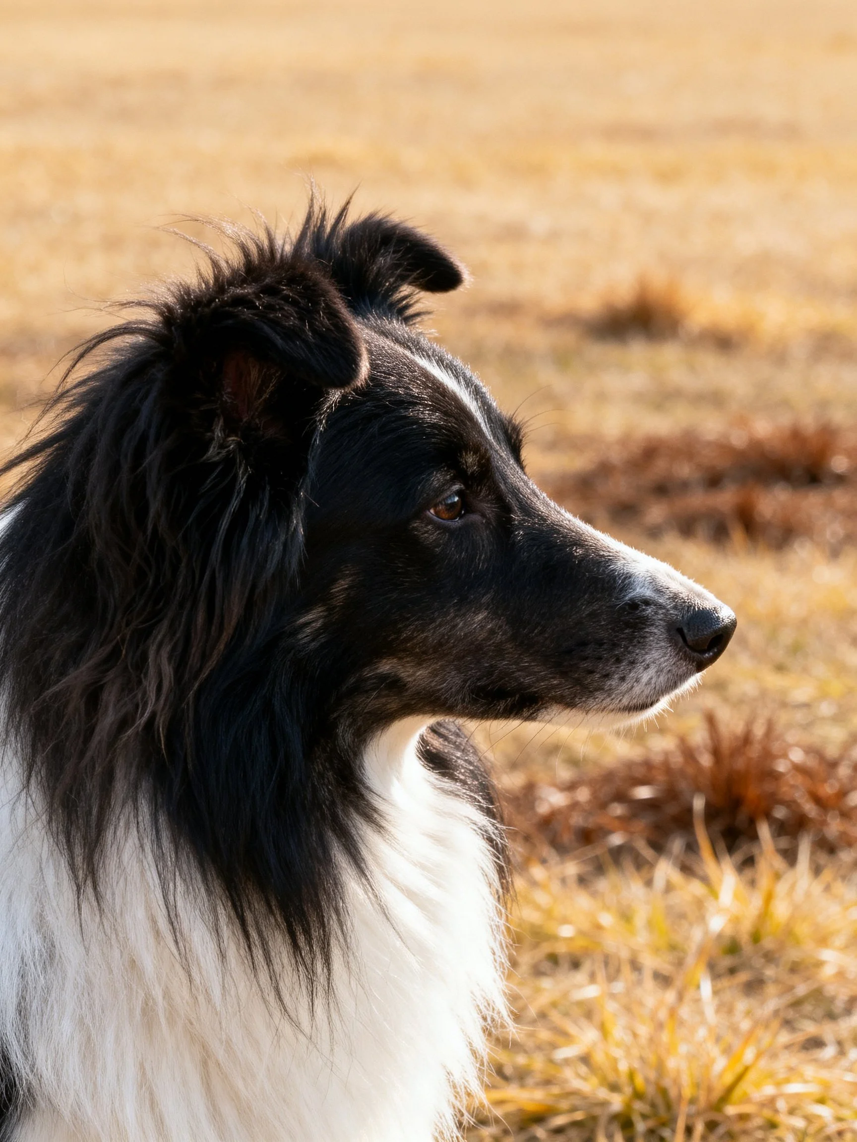 A black and white dog stands attentively on a dry, golden grassy field.