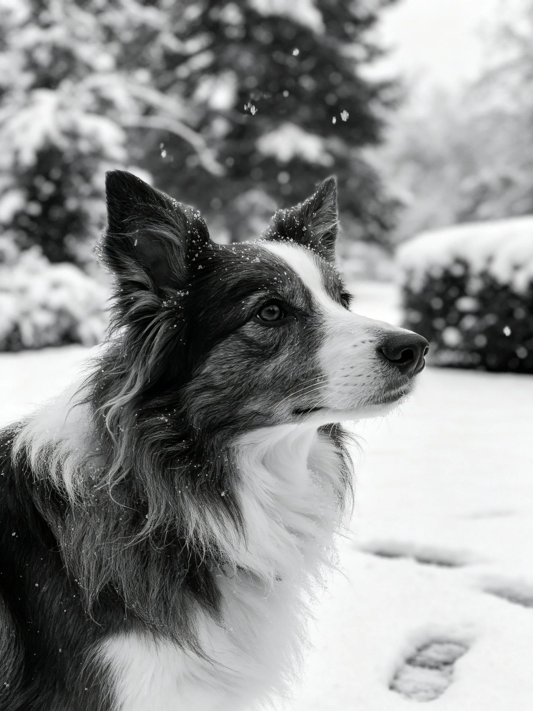 A black and white dog stands among falling snowflakes in a winter scene.