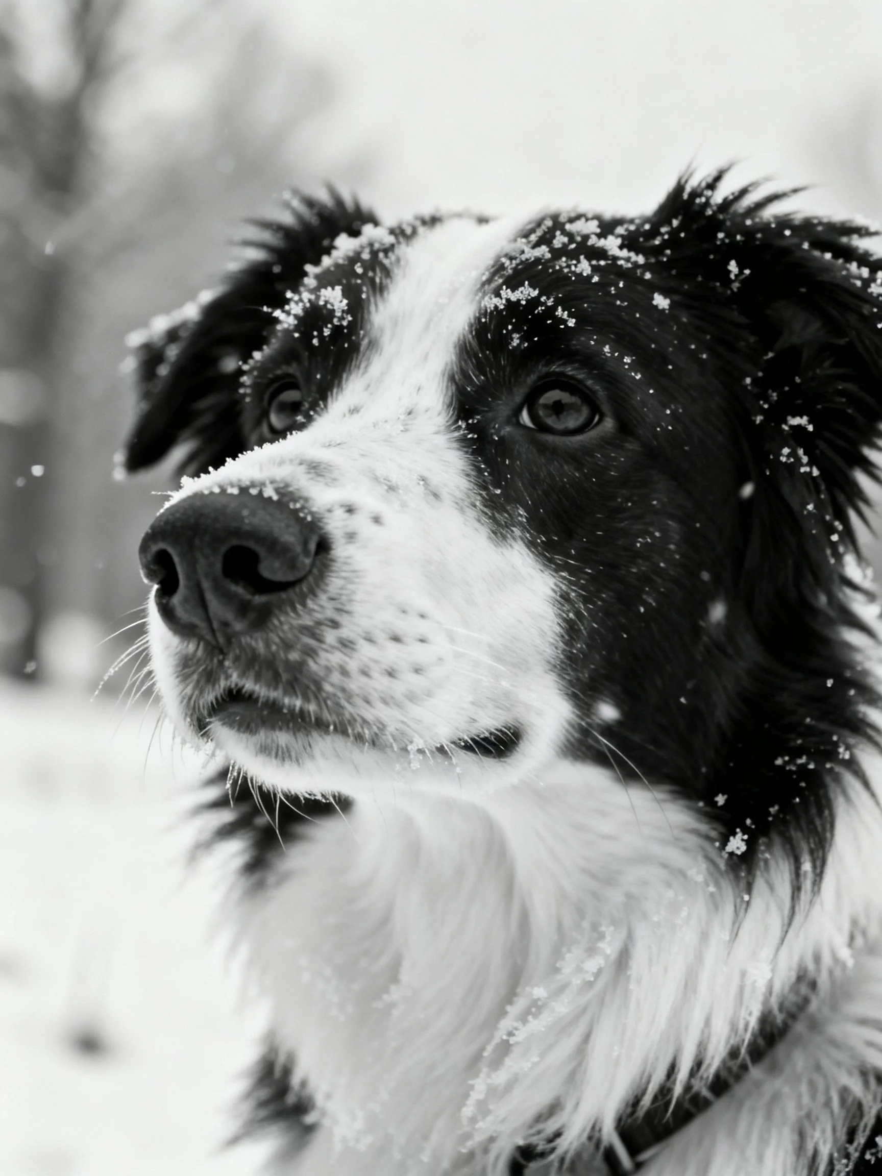 A black and white dog is depicted with snowflakes on its fur.