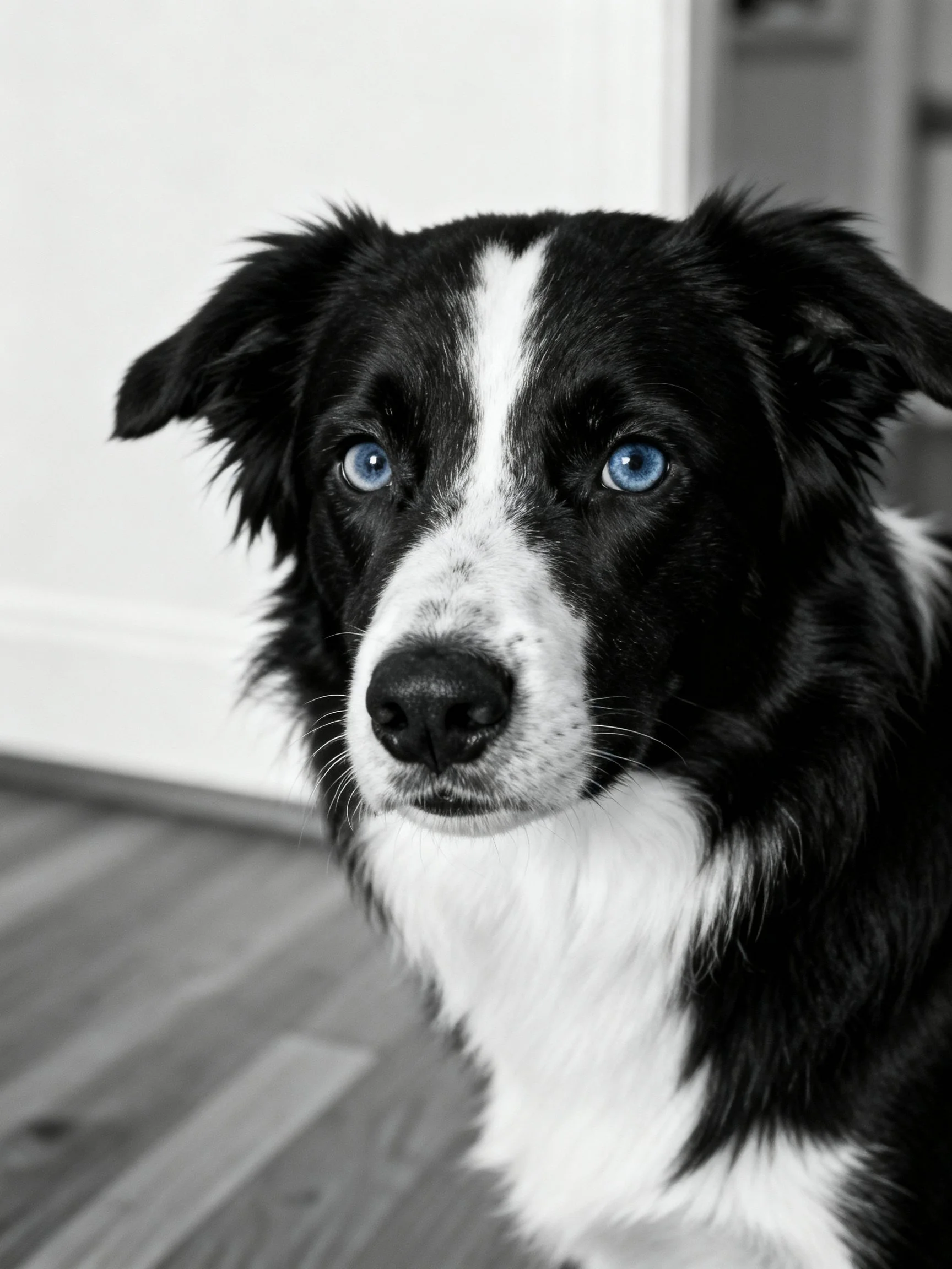 A black and white dog with striking blue eyes