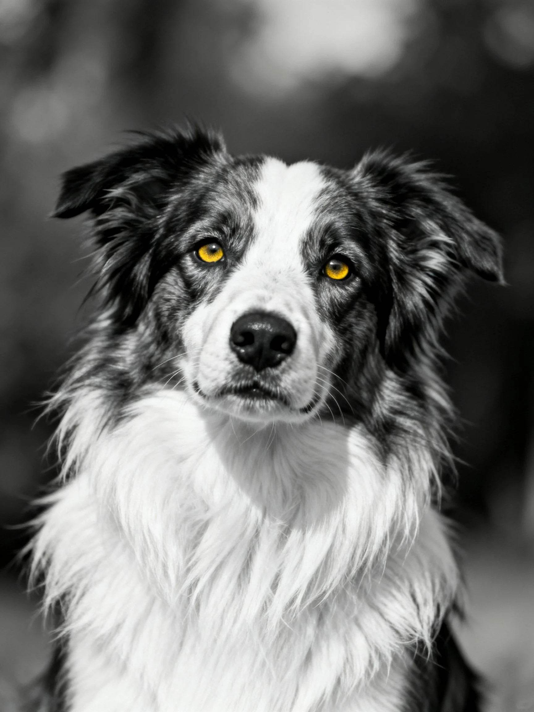 A black and white dog with striking yellow eyes