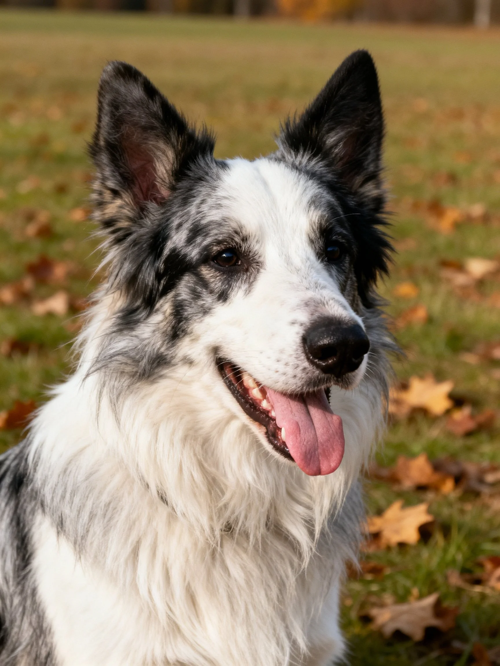 A black-and-white dog with upright ears on a grassy autumn field