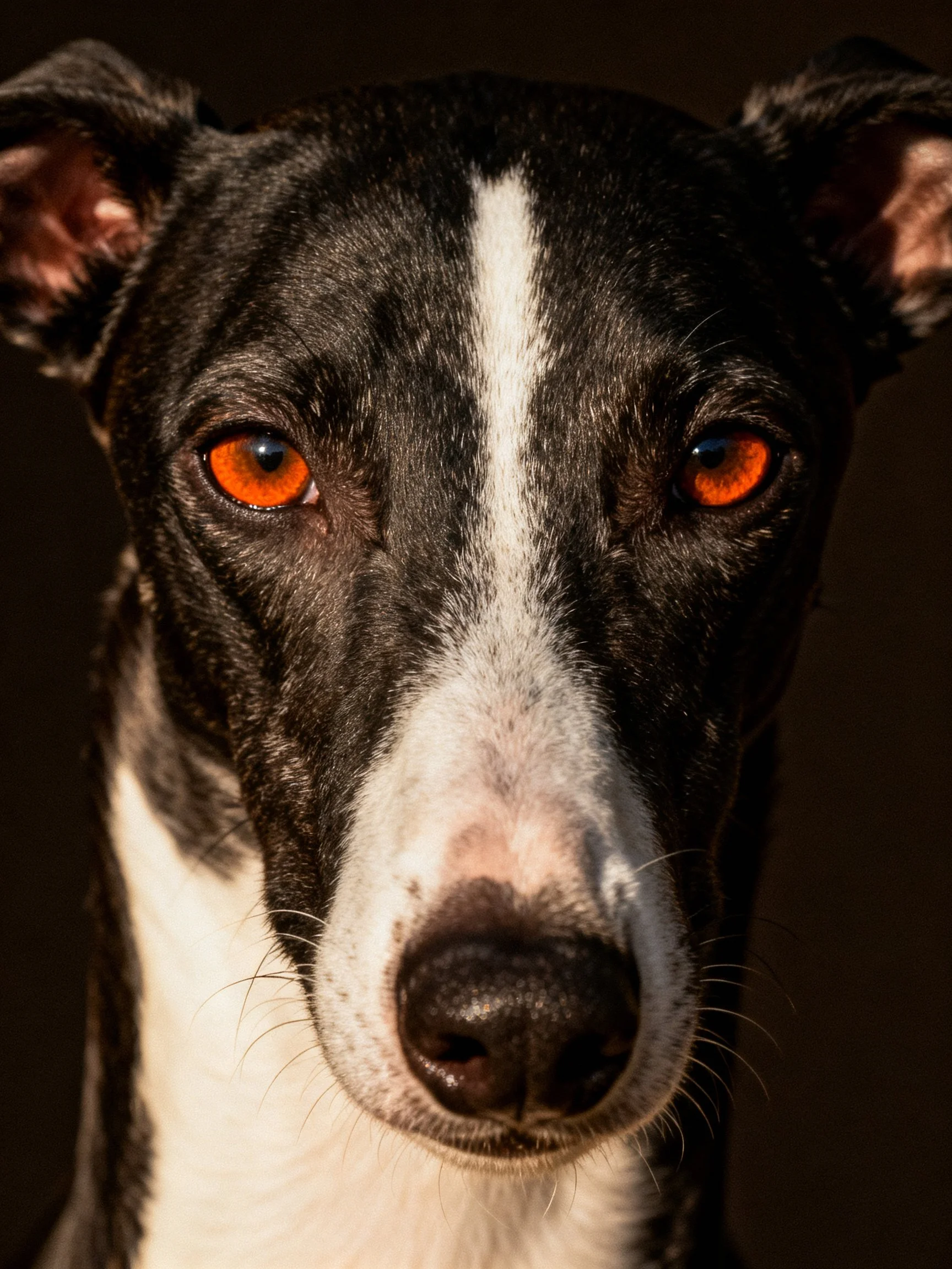 A close-up portrait of a black and white dog with striking orange eyes.