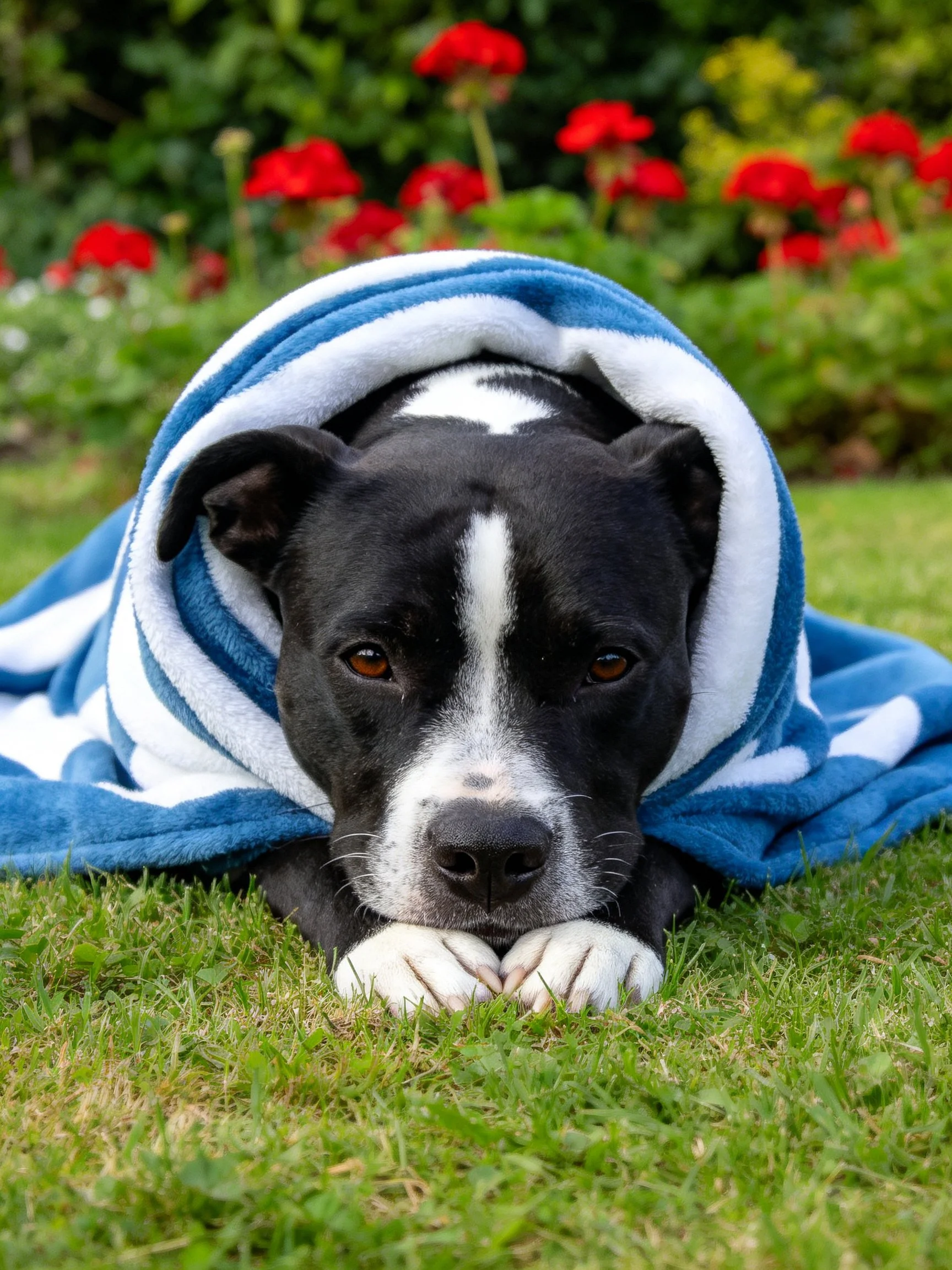 A black and white dog rests wrapped in a towel on grass with red flowers in the background.