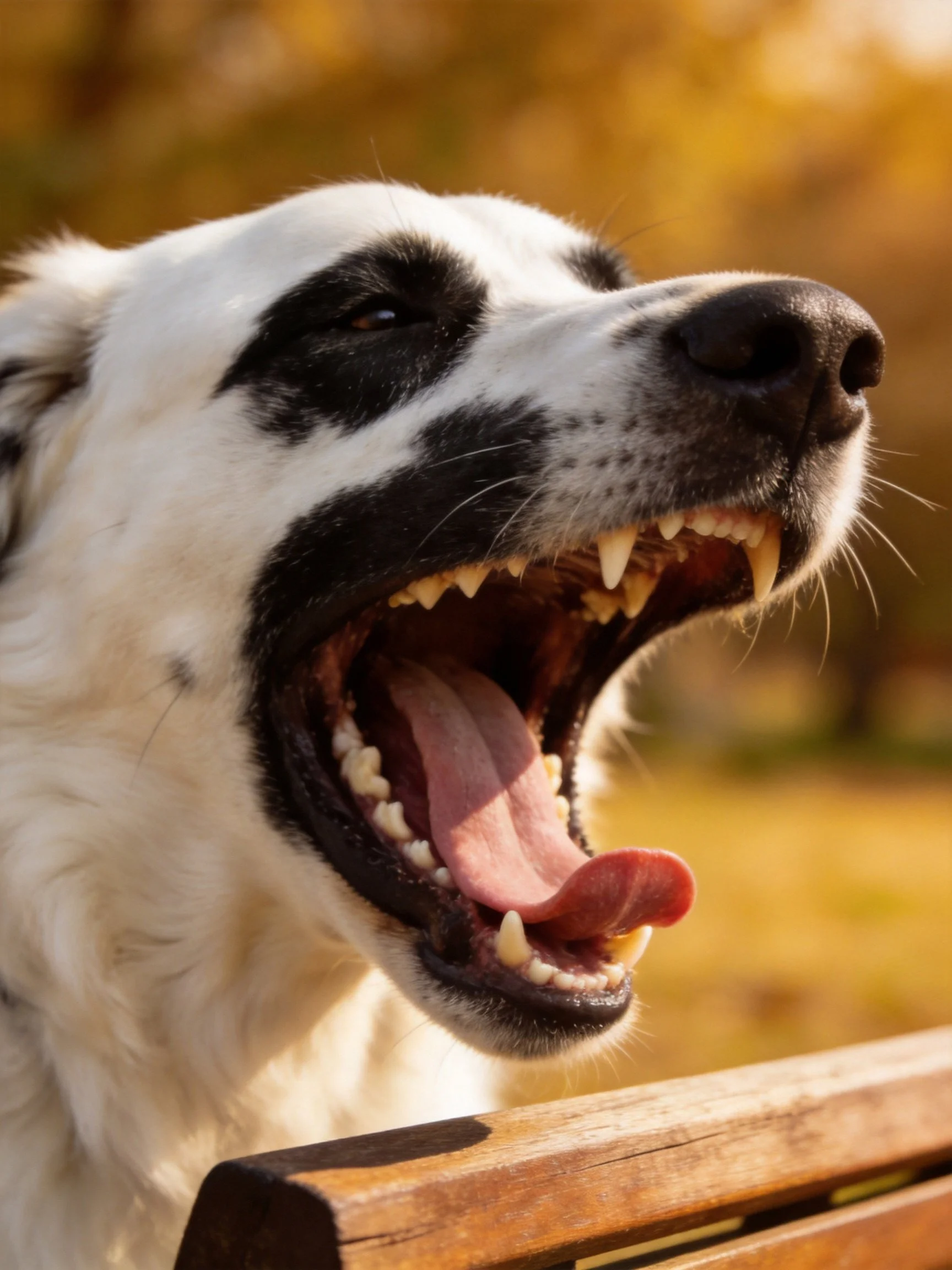 A black-and-white dog yawns with mouth wide open outdoors.