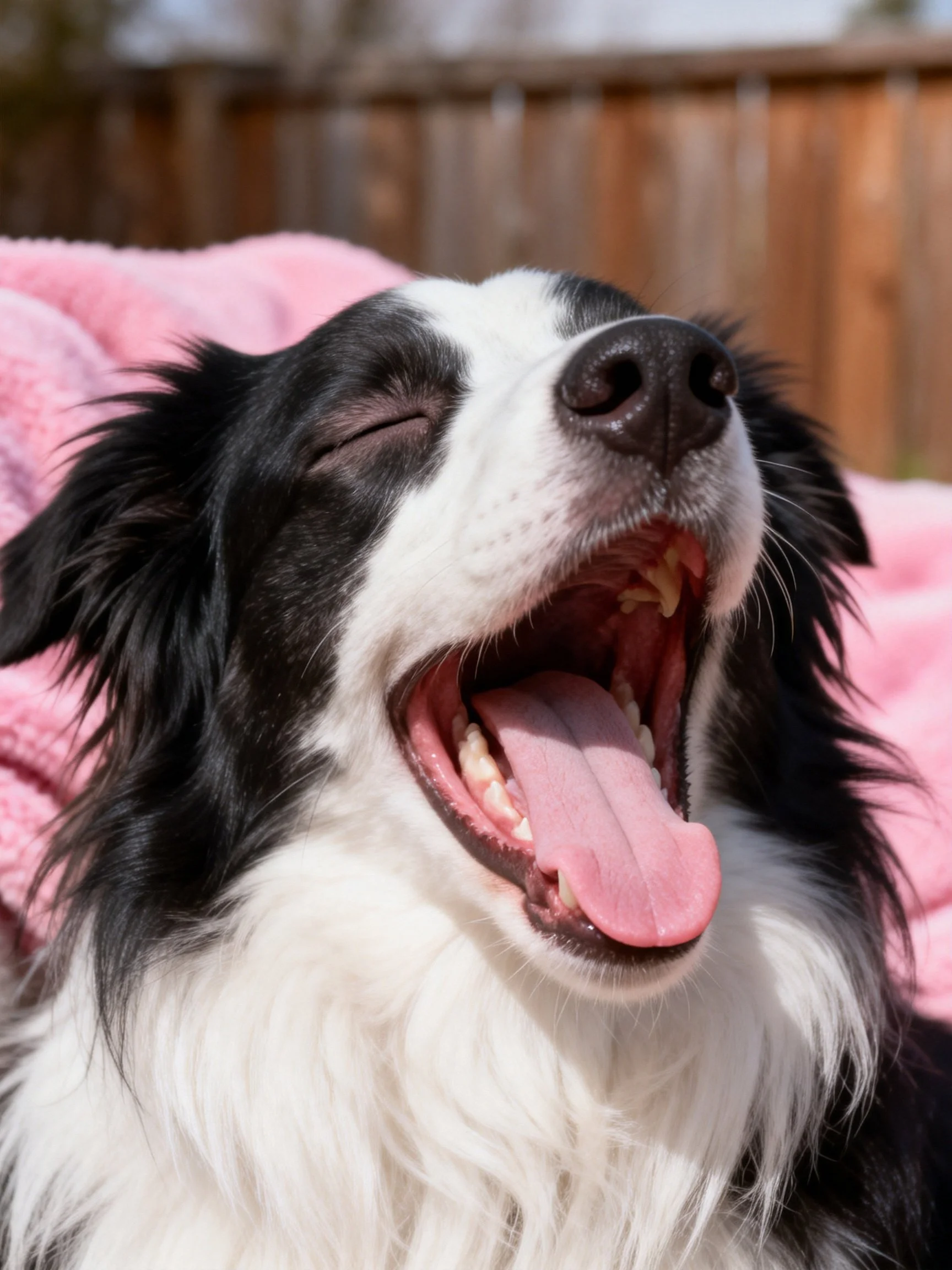 A black and white dog yawning on a pink blanket with a wooden fence backdrop