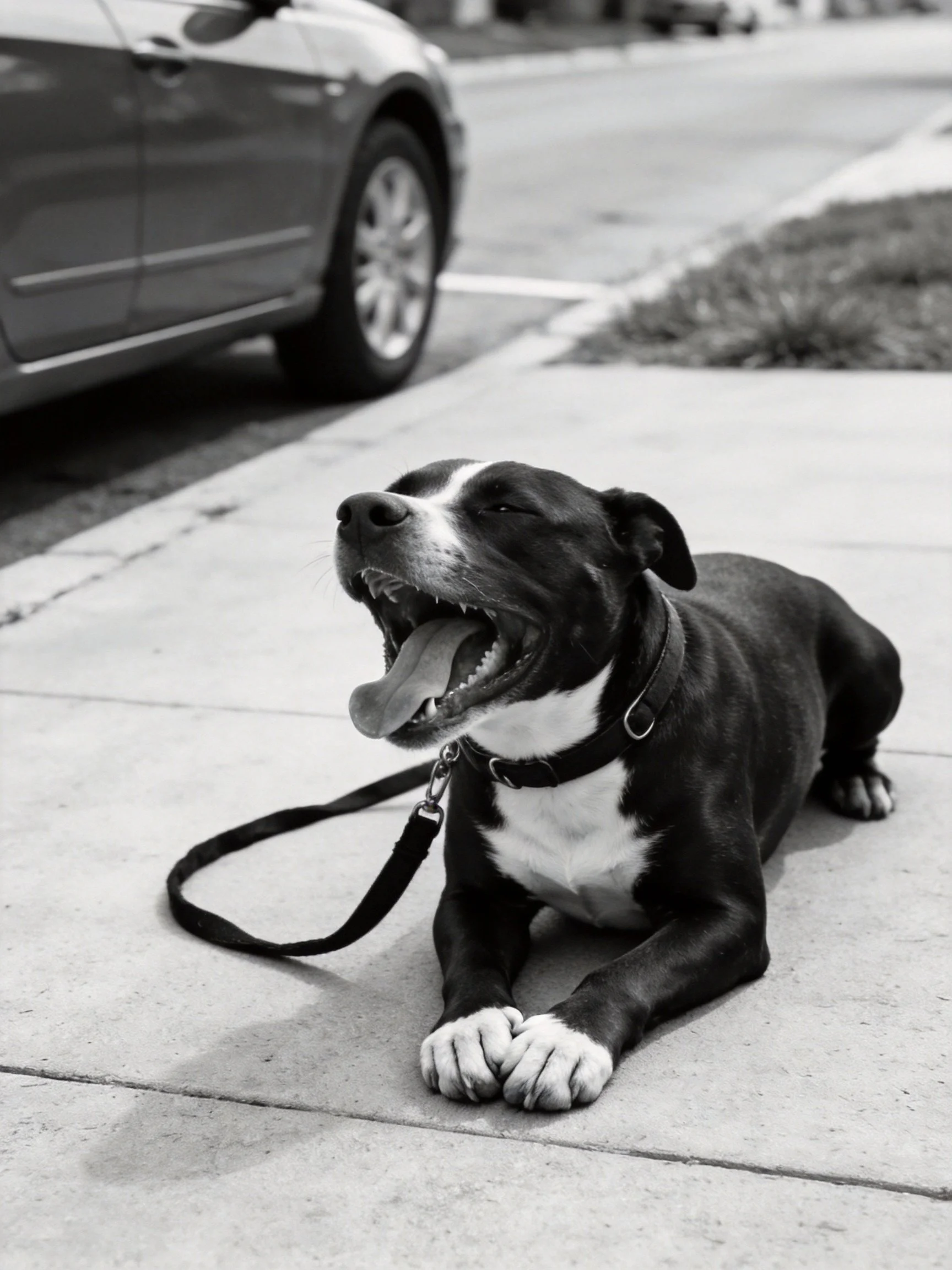A black and white dog yawning on a sidewalk near a parked car