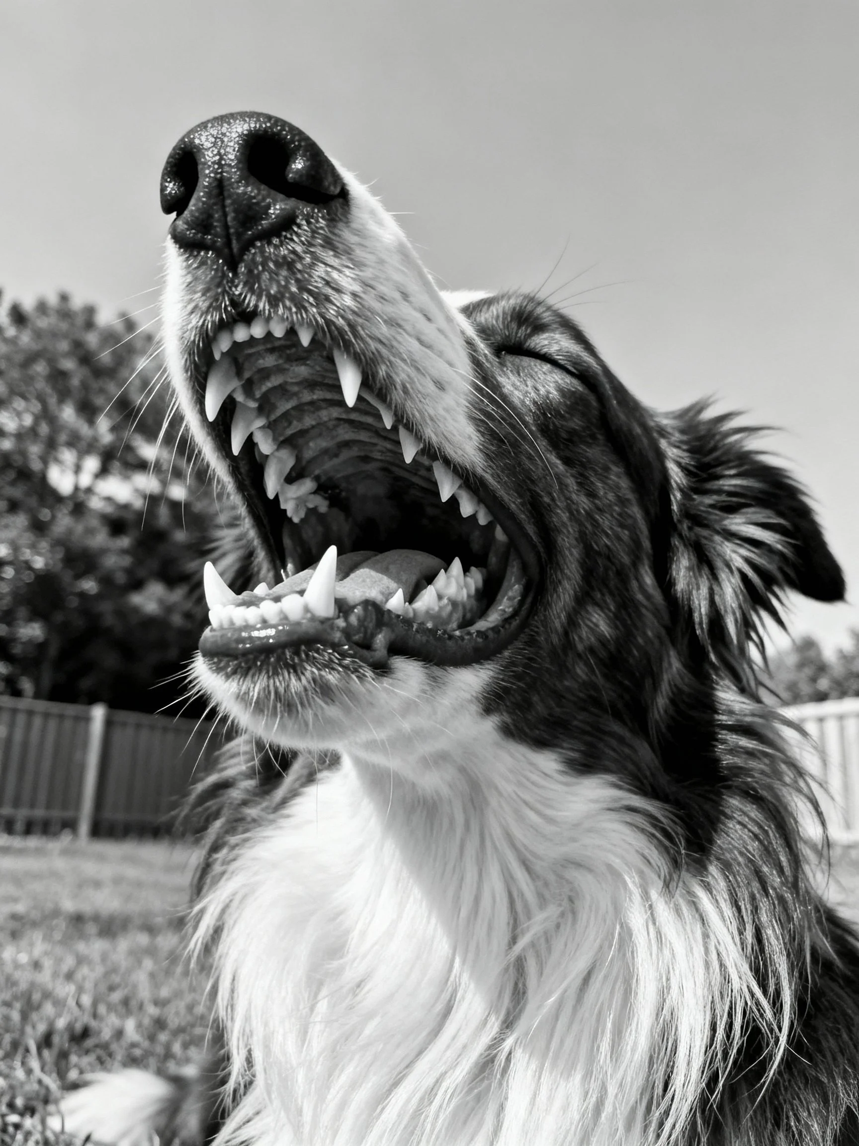A black and white dog yawning with mouth wide open