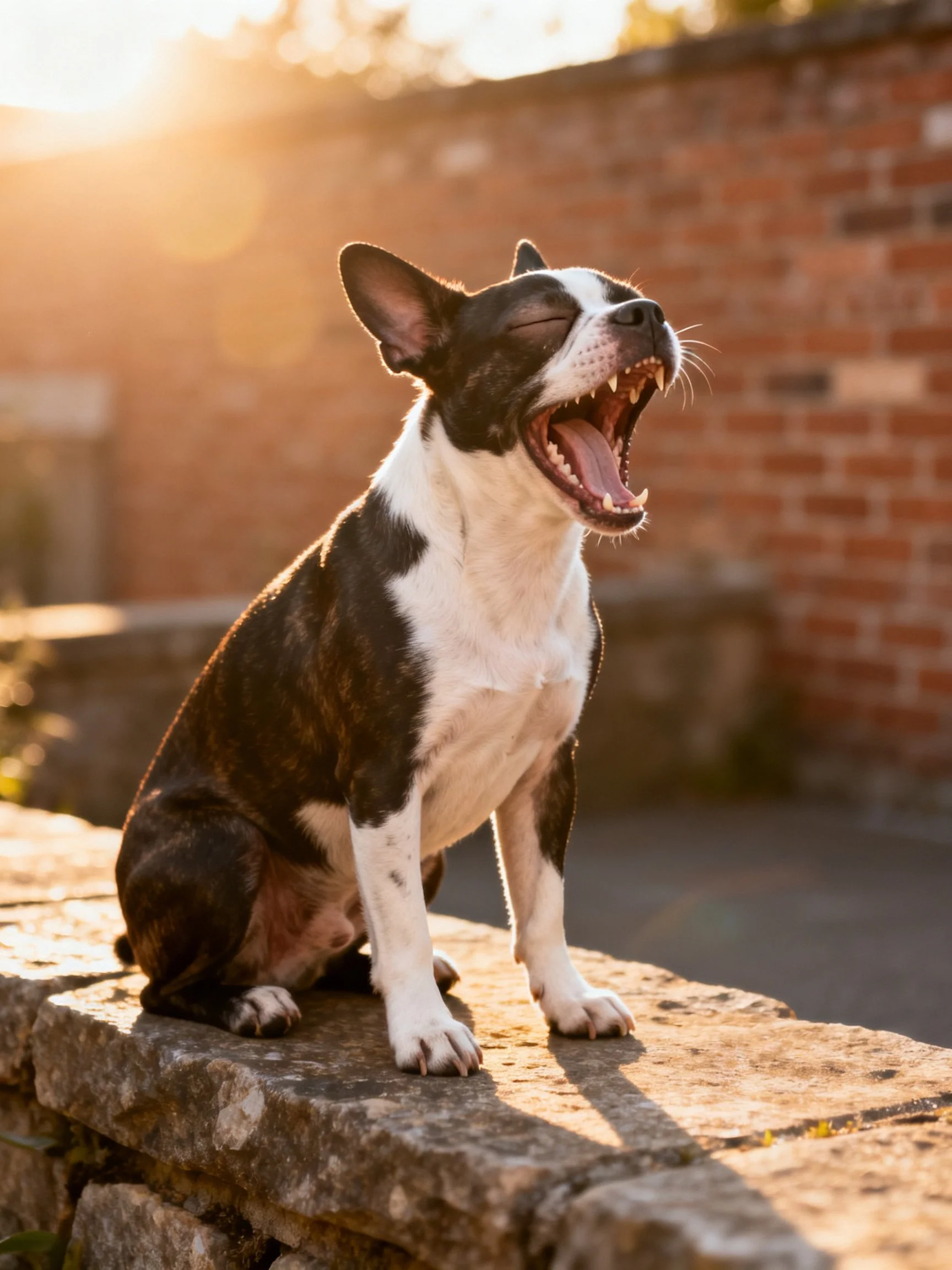 A black and white dog yawns on a stone ledge in golden sunlight