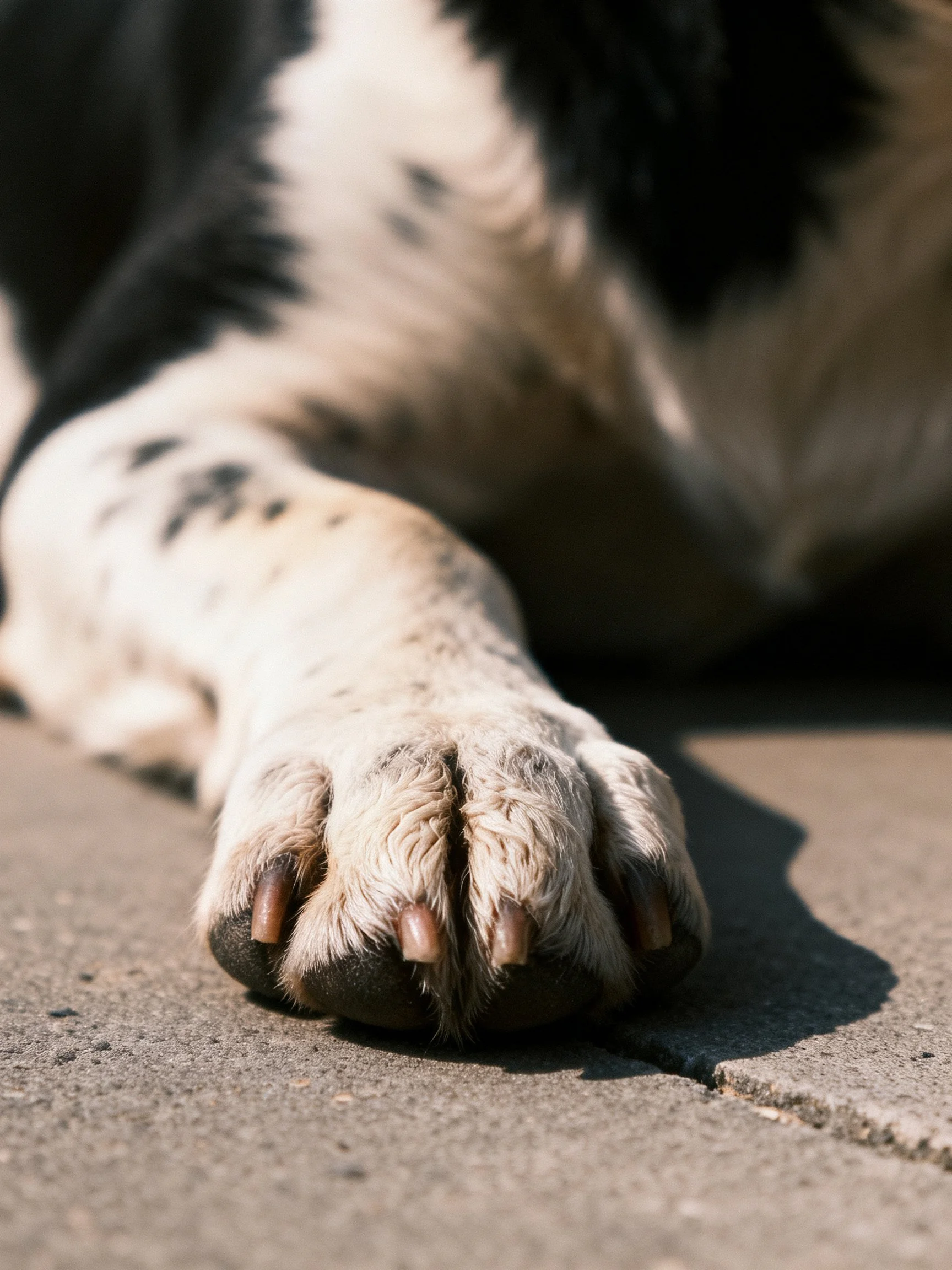 A black and white dog’s paw resting on a concrete pavement