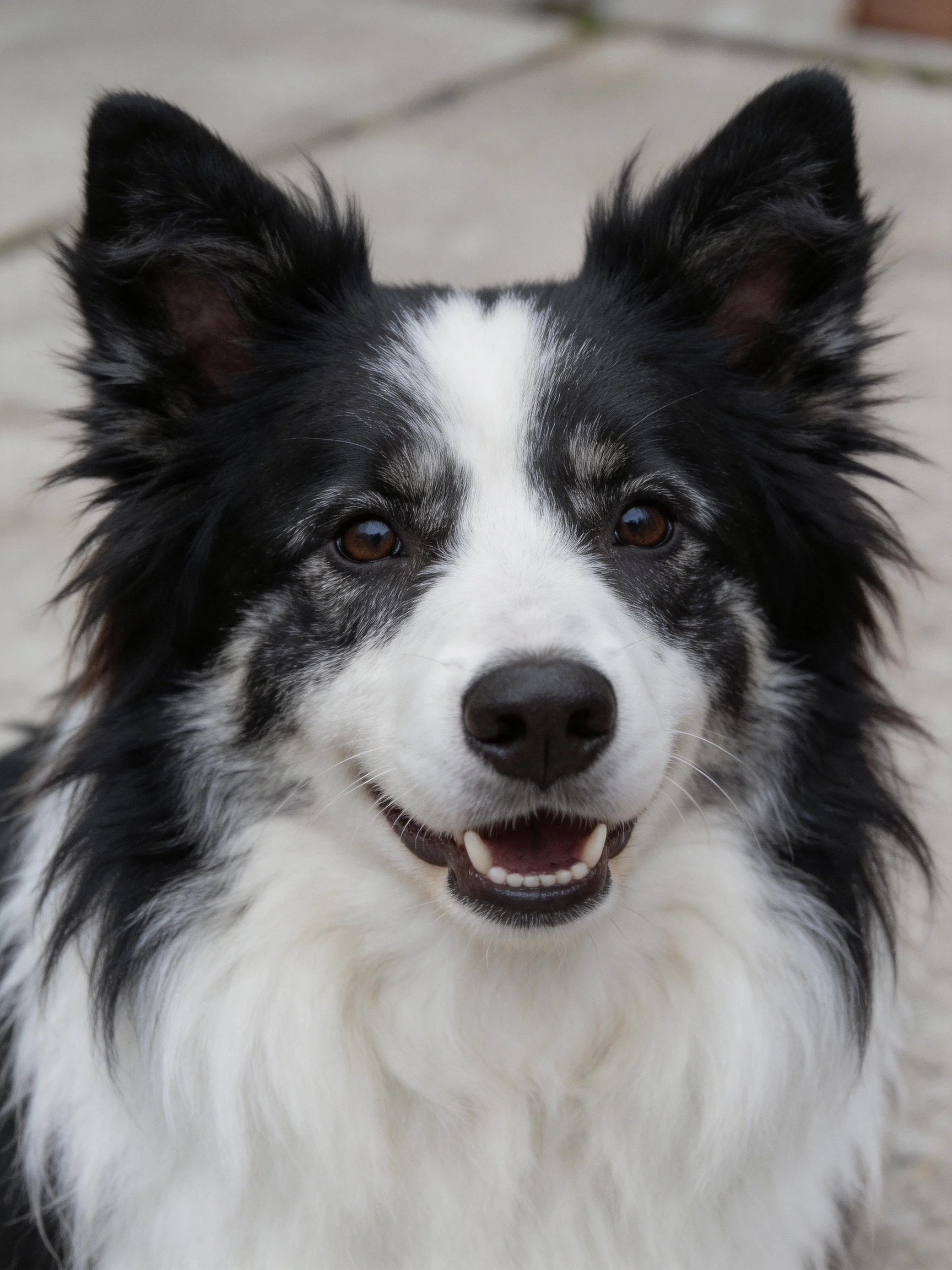 A black and white dog with upright ears appears cheerful.