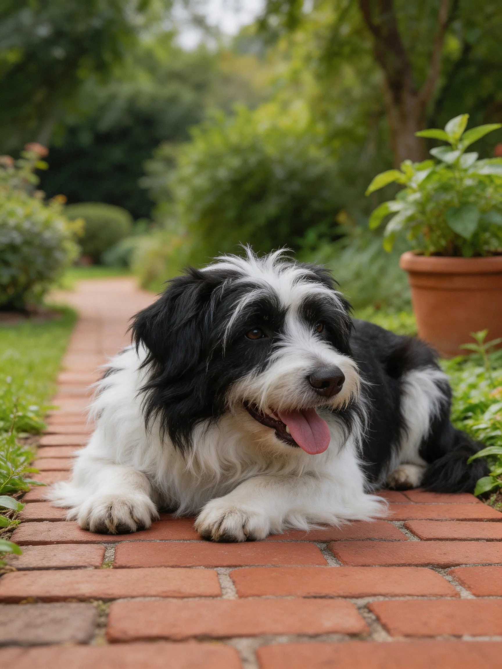 A black and white dog relaxes on a brick path amid lush greenery.