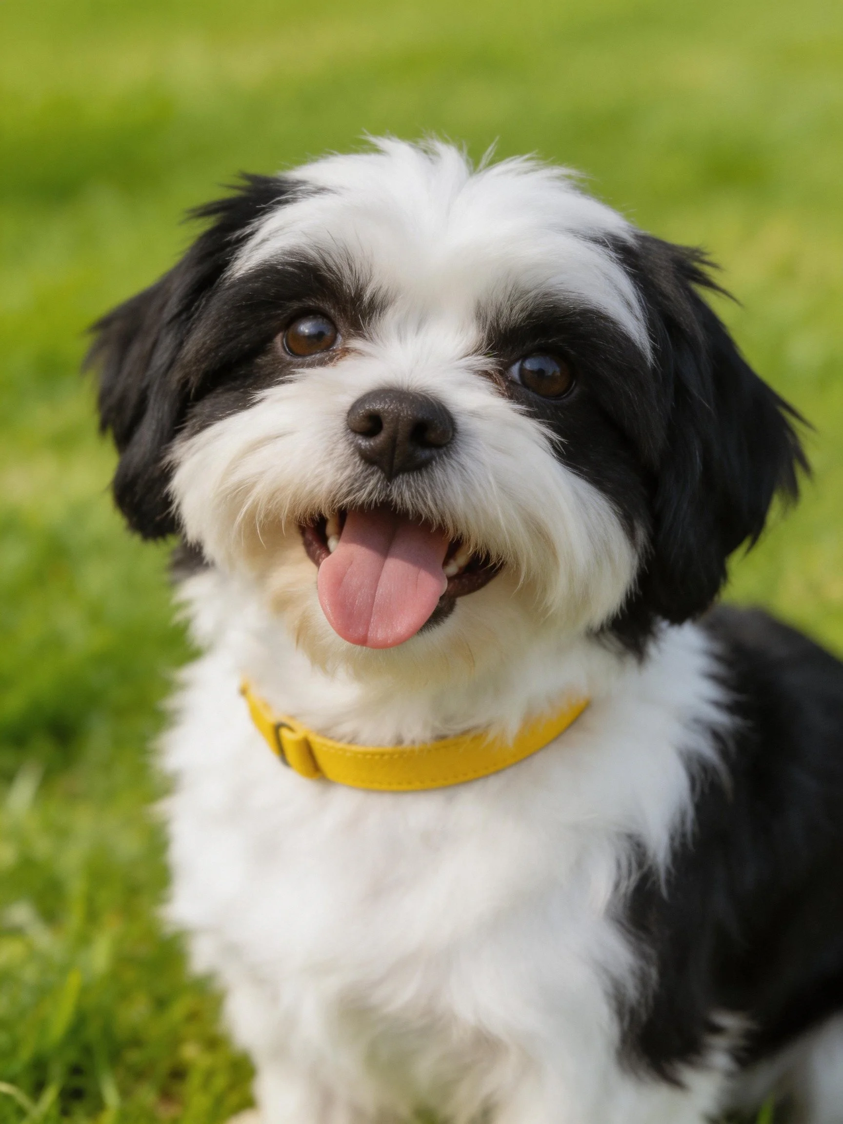 A black and white fluffy dog with a yellow collar sits happily on green grass.