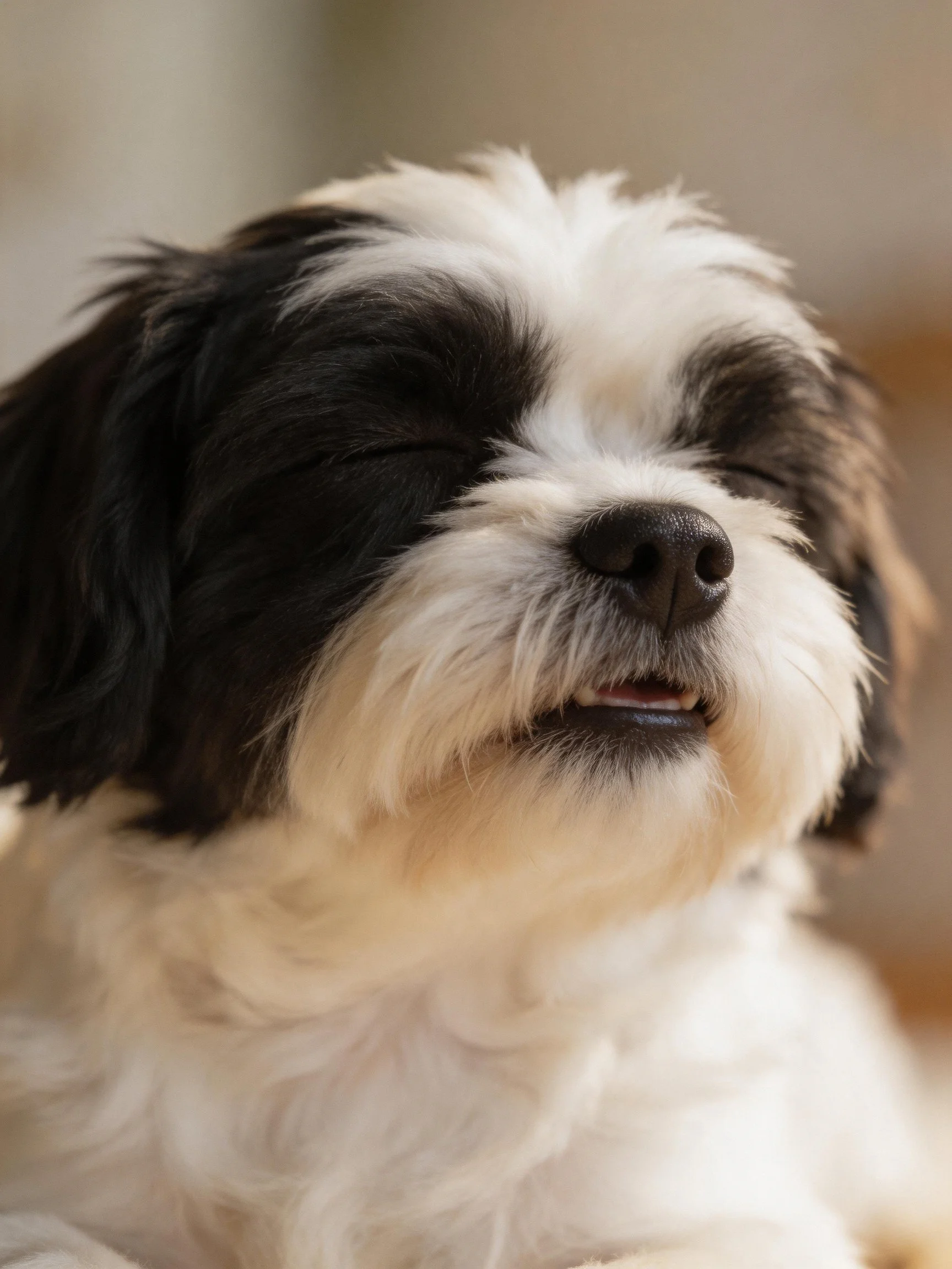 A black and white fluffy dog displays a relaxed state with closed eyes.