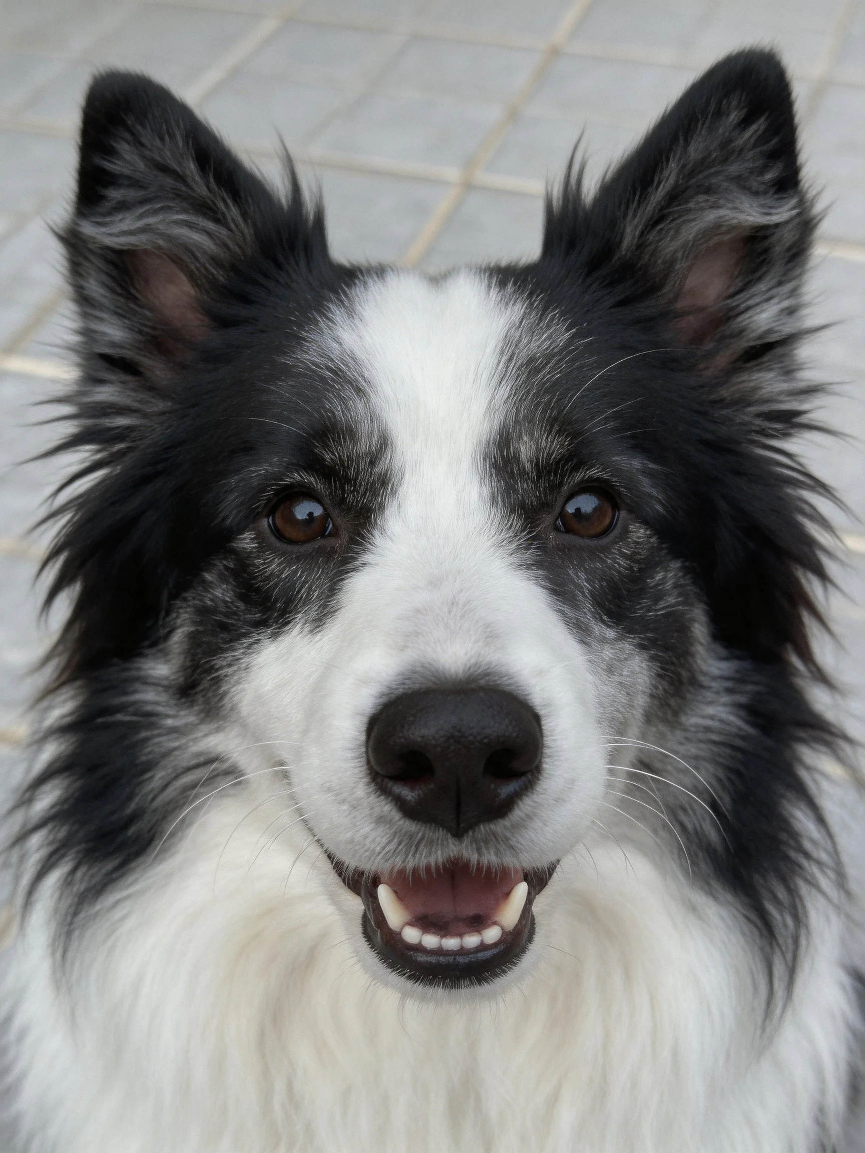 Close - up of a black and white fluffy dog with its mouth open.