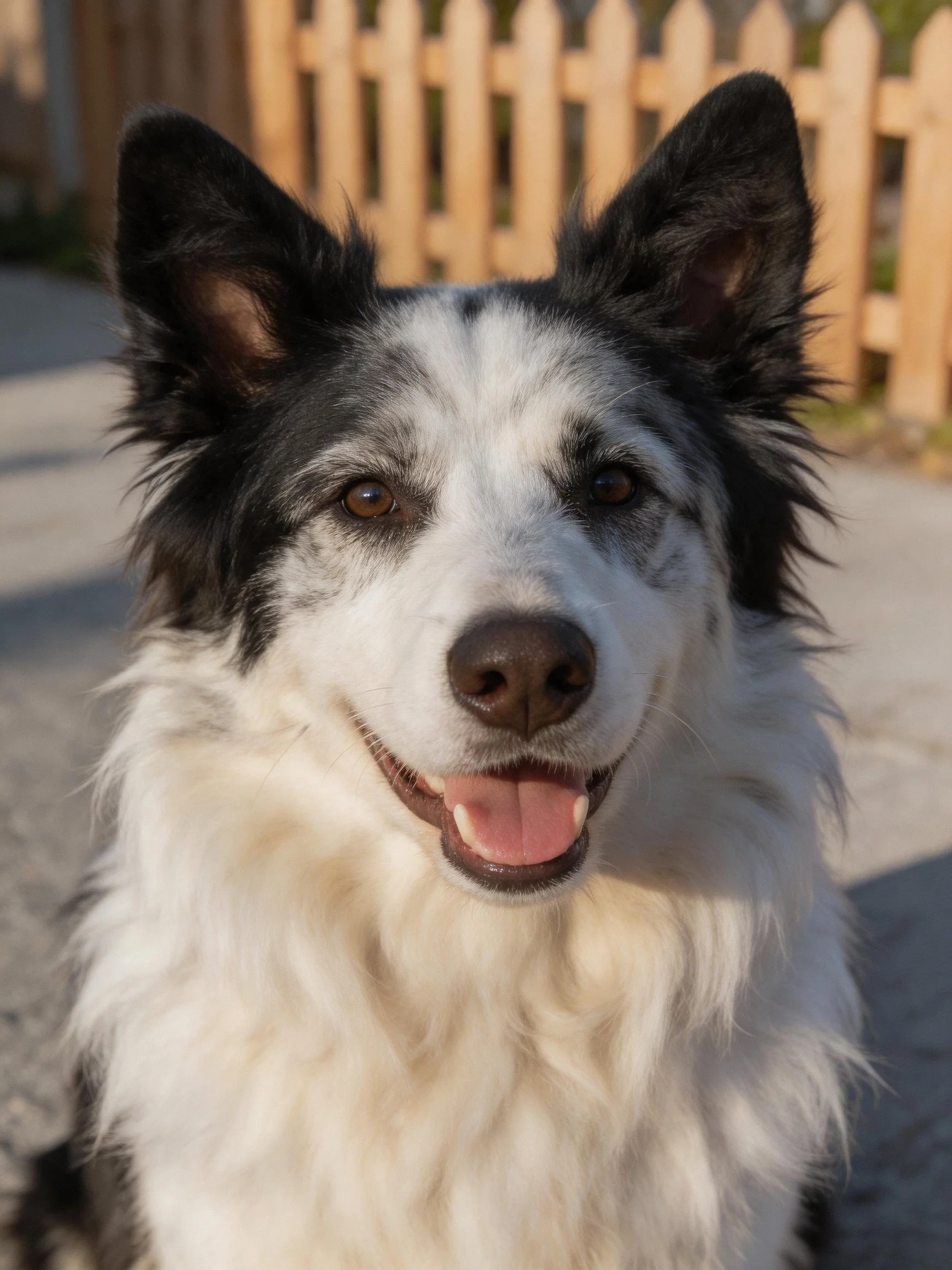A black and white fluffy dog stands near a wooden fence in bright daylight.