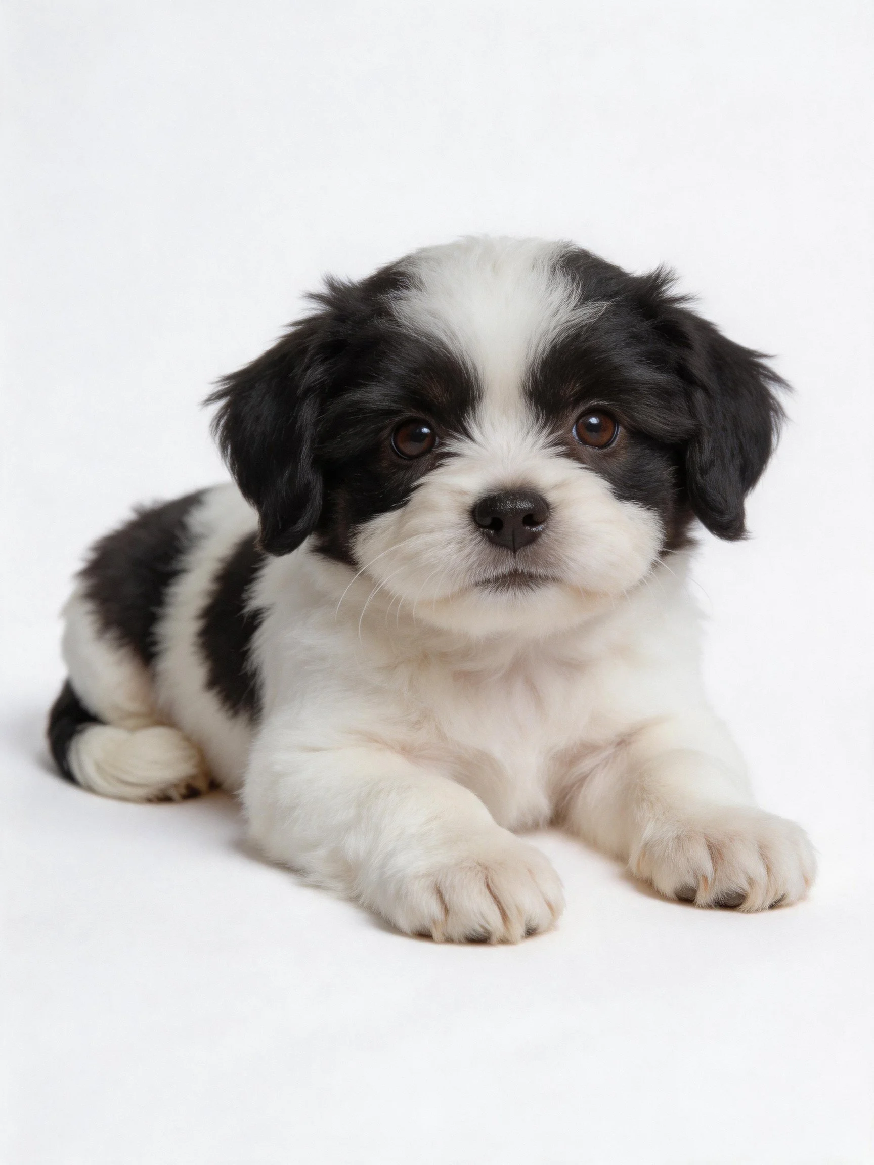 A black and white puppy lies calmly on a plain white surface.