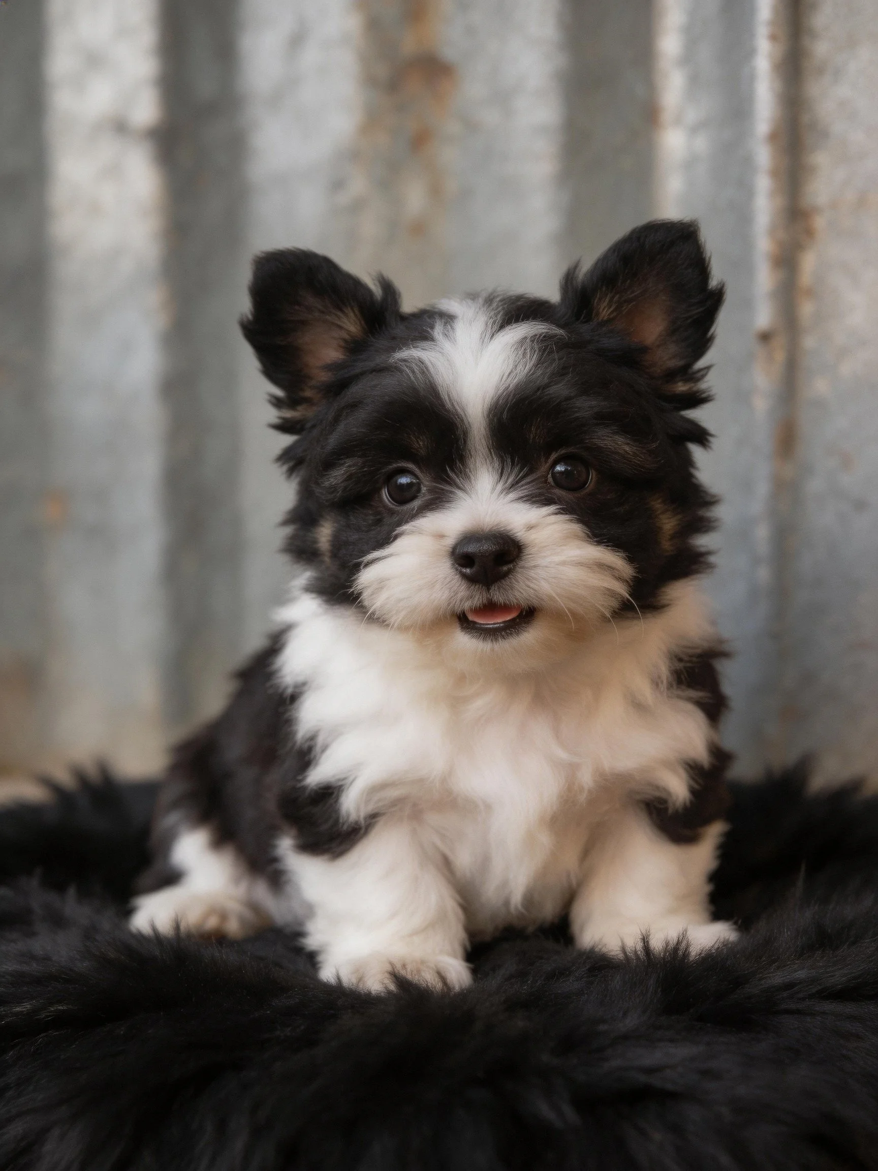 A small black and white puppy sits happily near a corrugated metal wall.