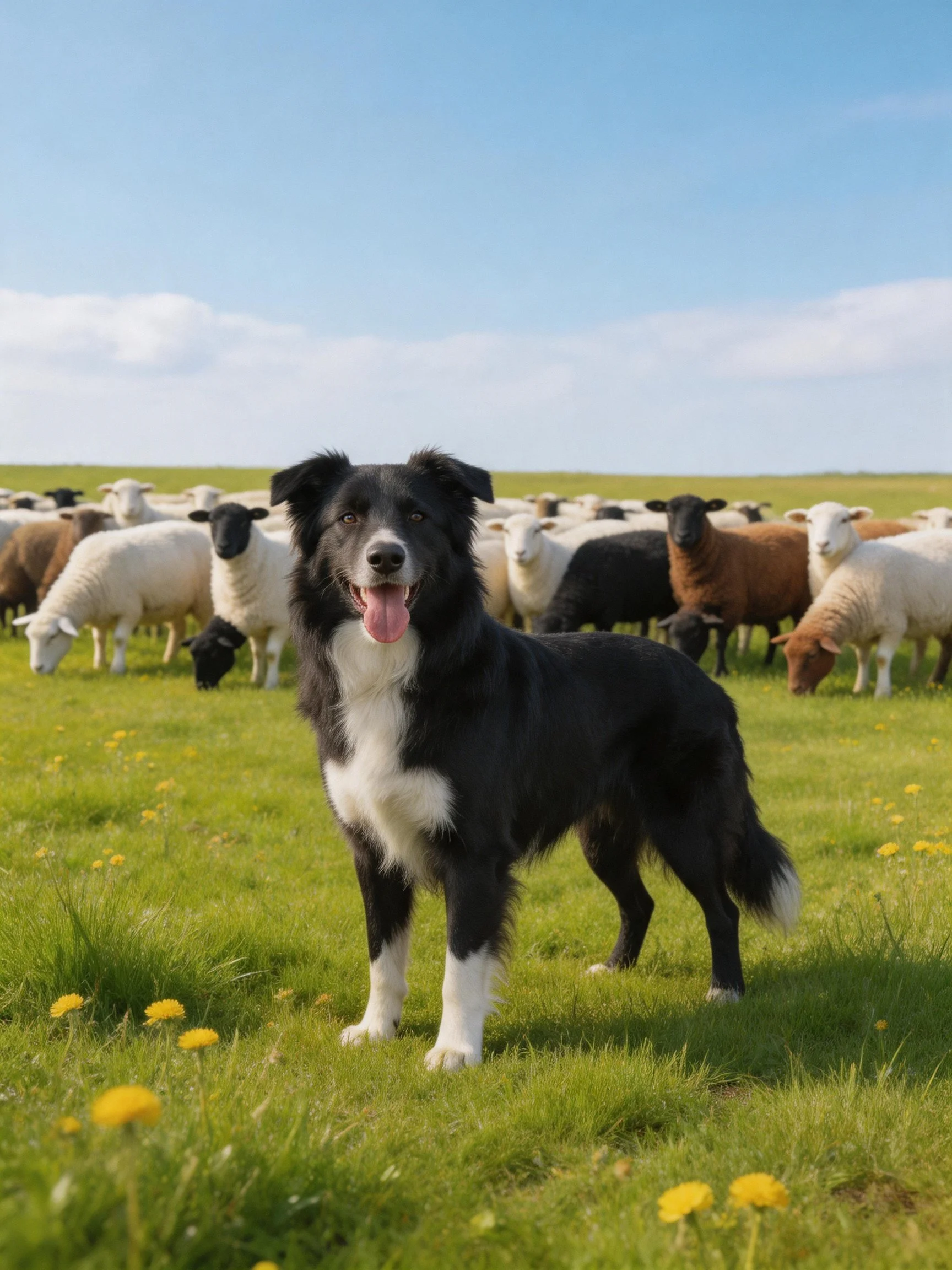 A black and white herding dog stands among colorful sheep in a sunny meadow.