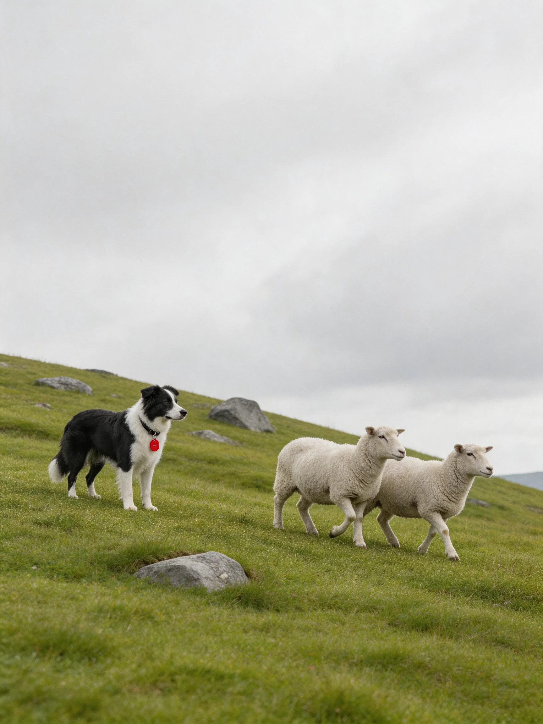 A black and white herding dog watches two sheep on a grassy hillside
