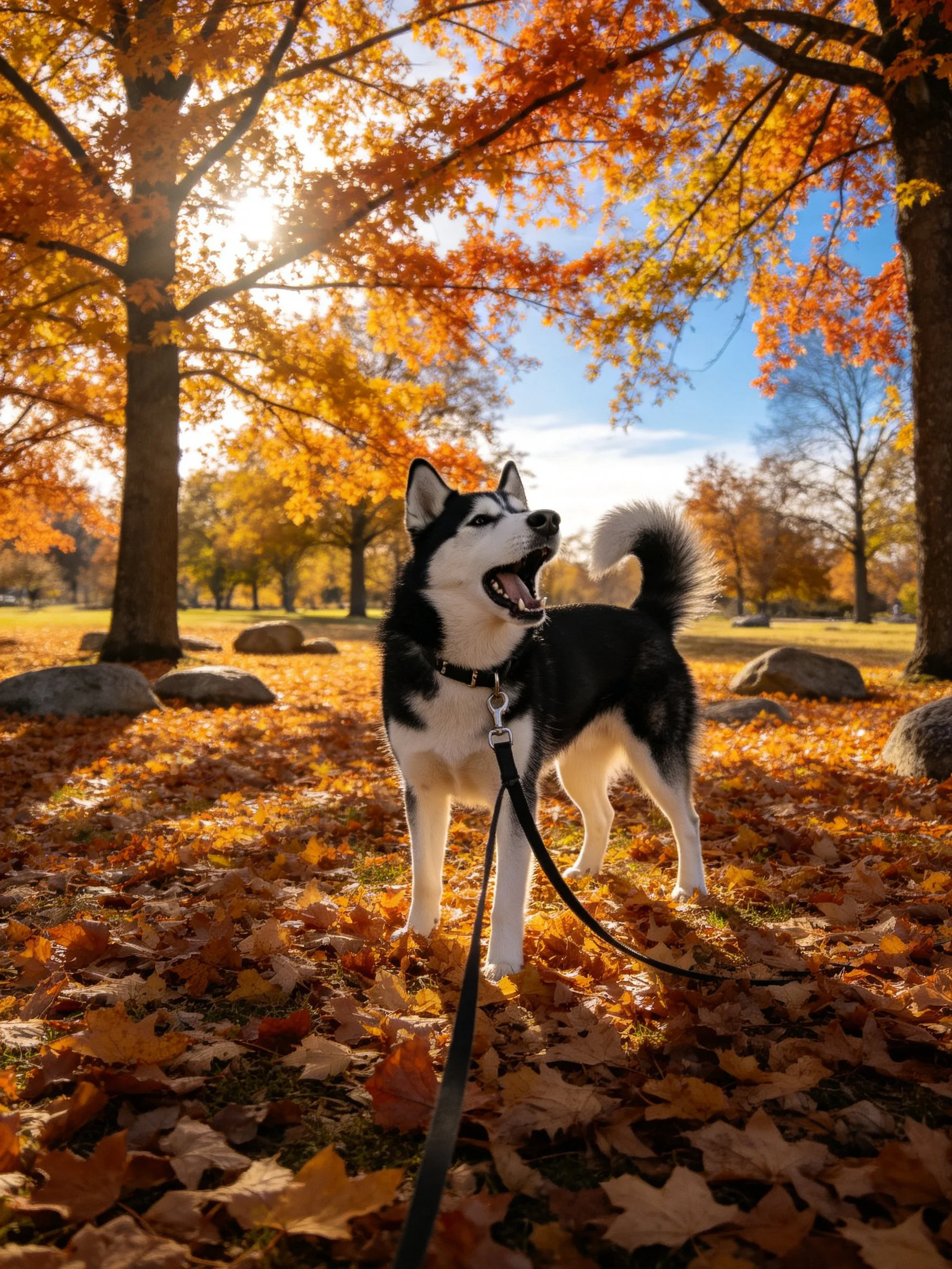 A black-and-white husky amid golden autumn leaves in a sunlit park