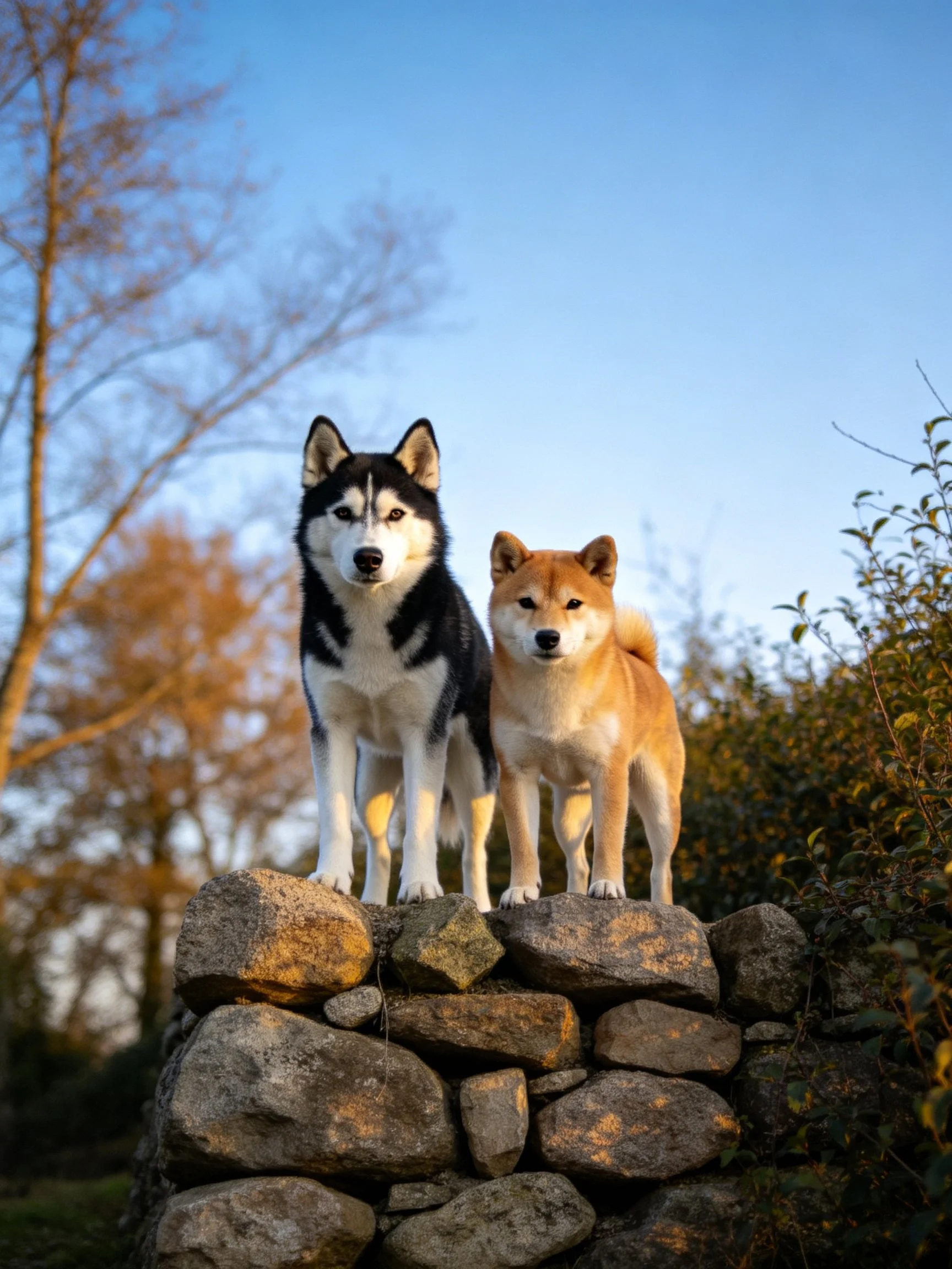 Two dogs of distinct breeds stand together on an outdoor stone structure