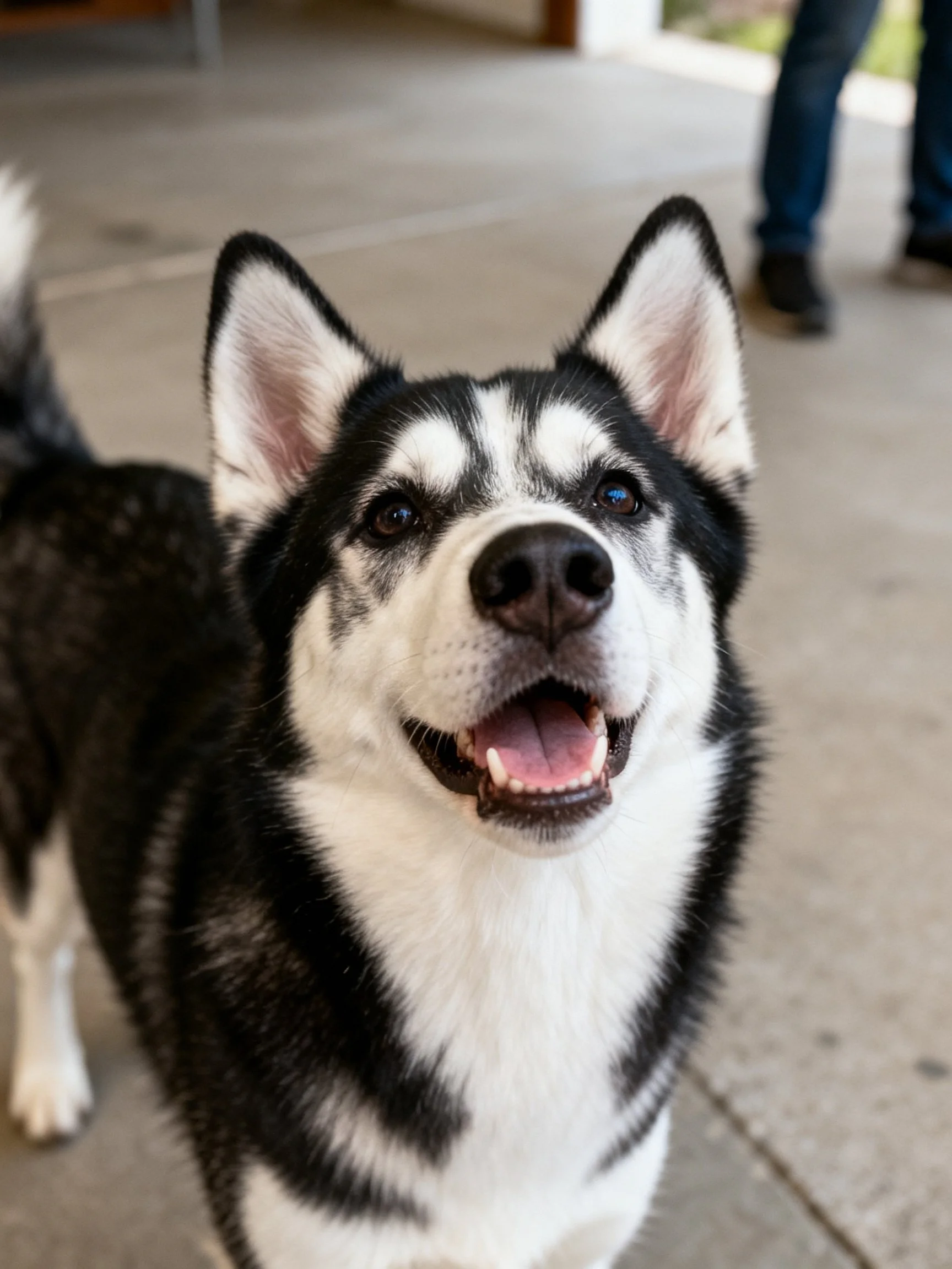 A black and white husky dog smiling on a concrete patio