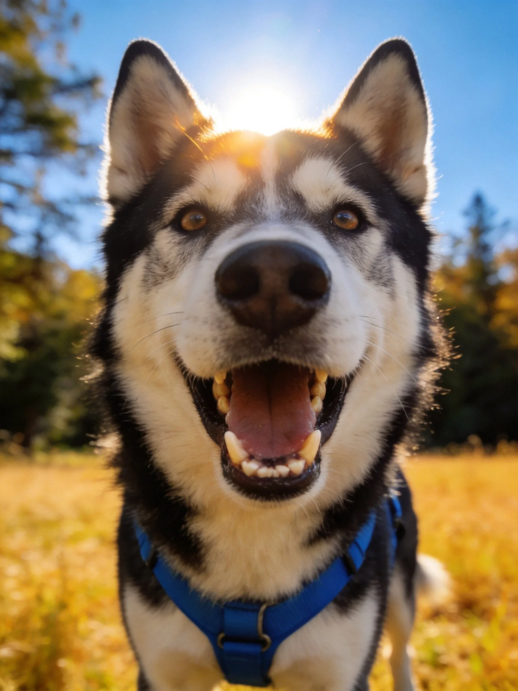 A black-and-white husky dog with a blue harness enjoys the sunny day outside.