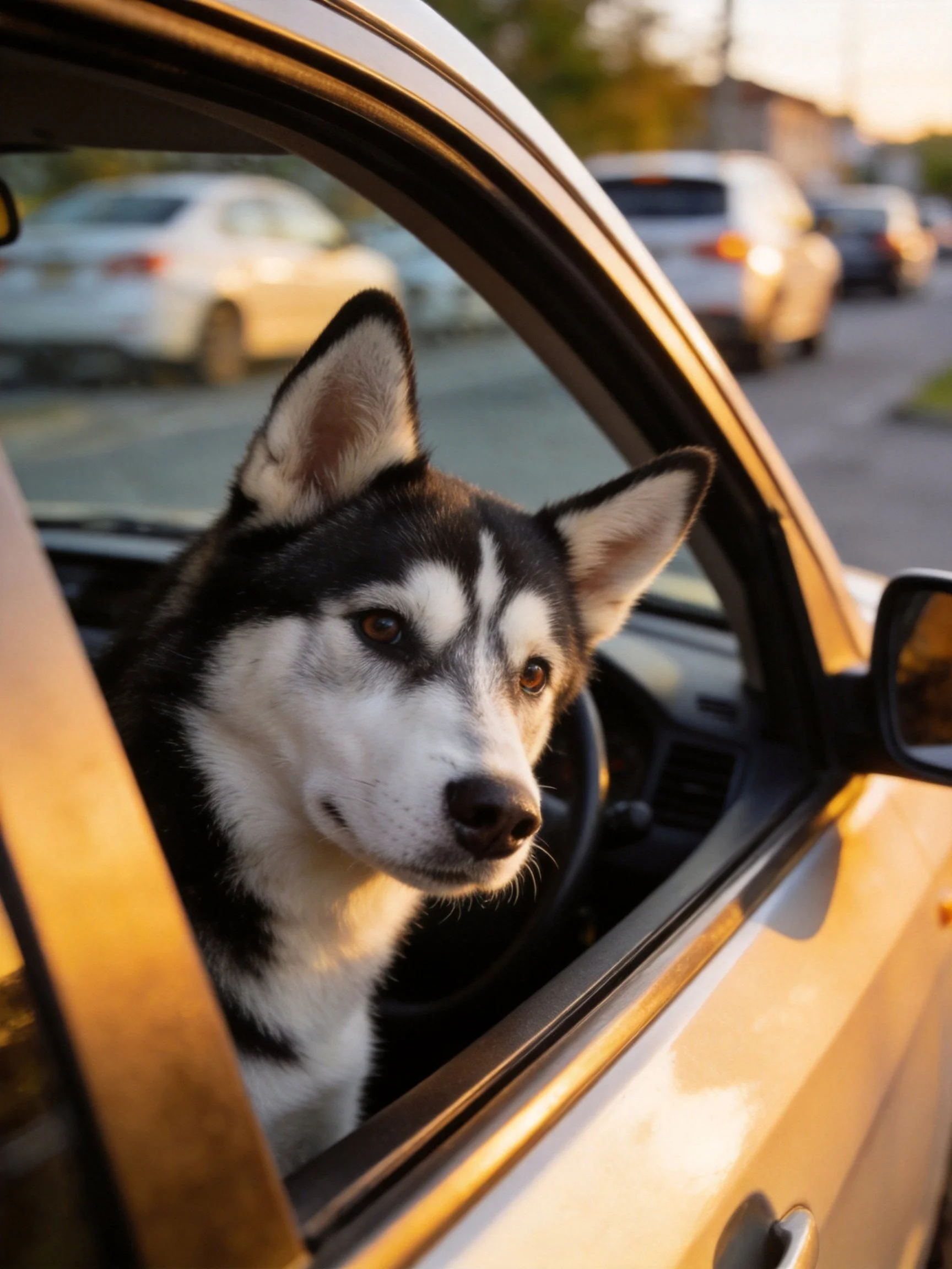 A black-and-white husky peers out of an open carwindow at golden hour