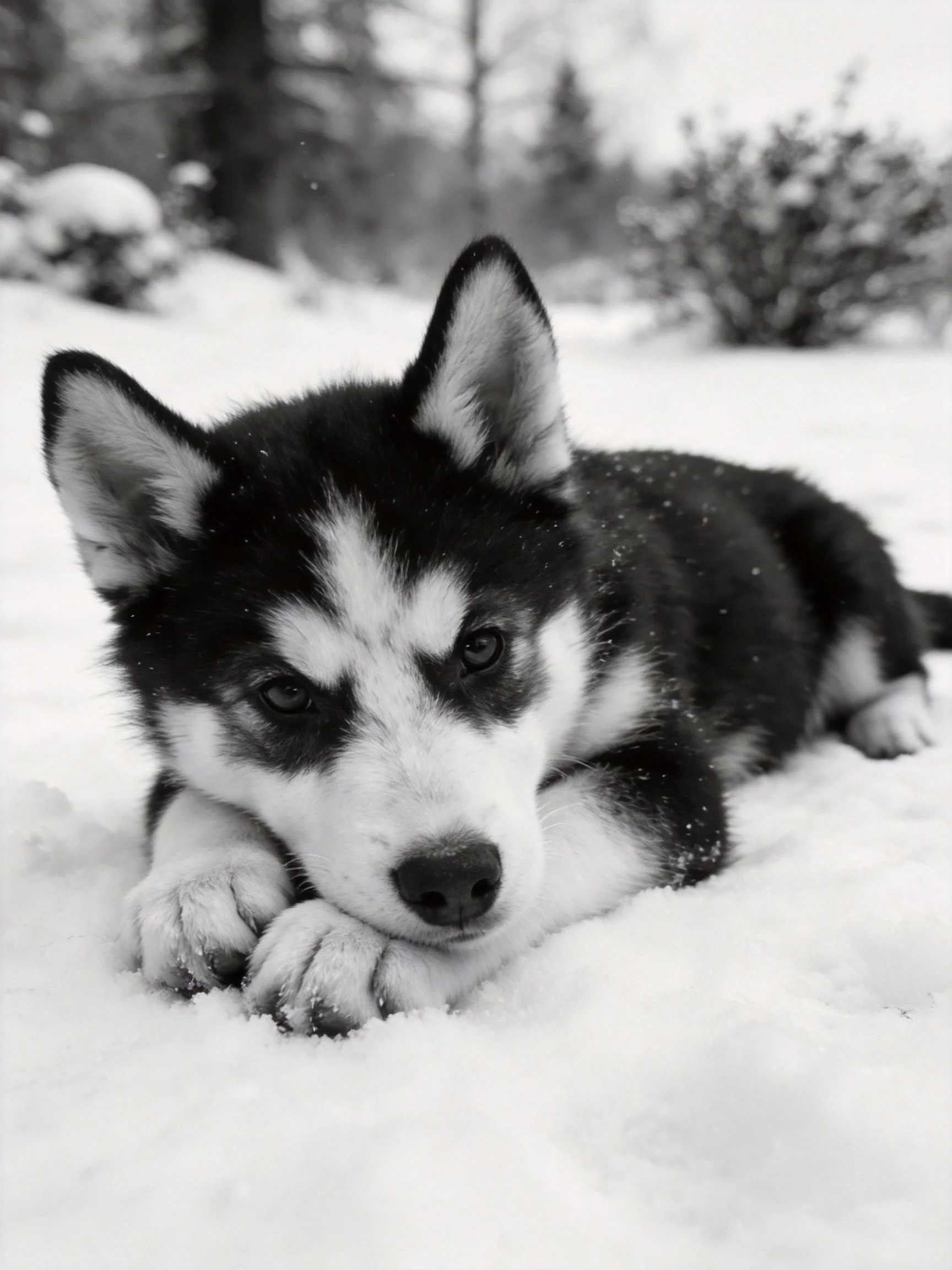 A black and white husky puppy resting in a snowy landscape