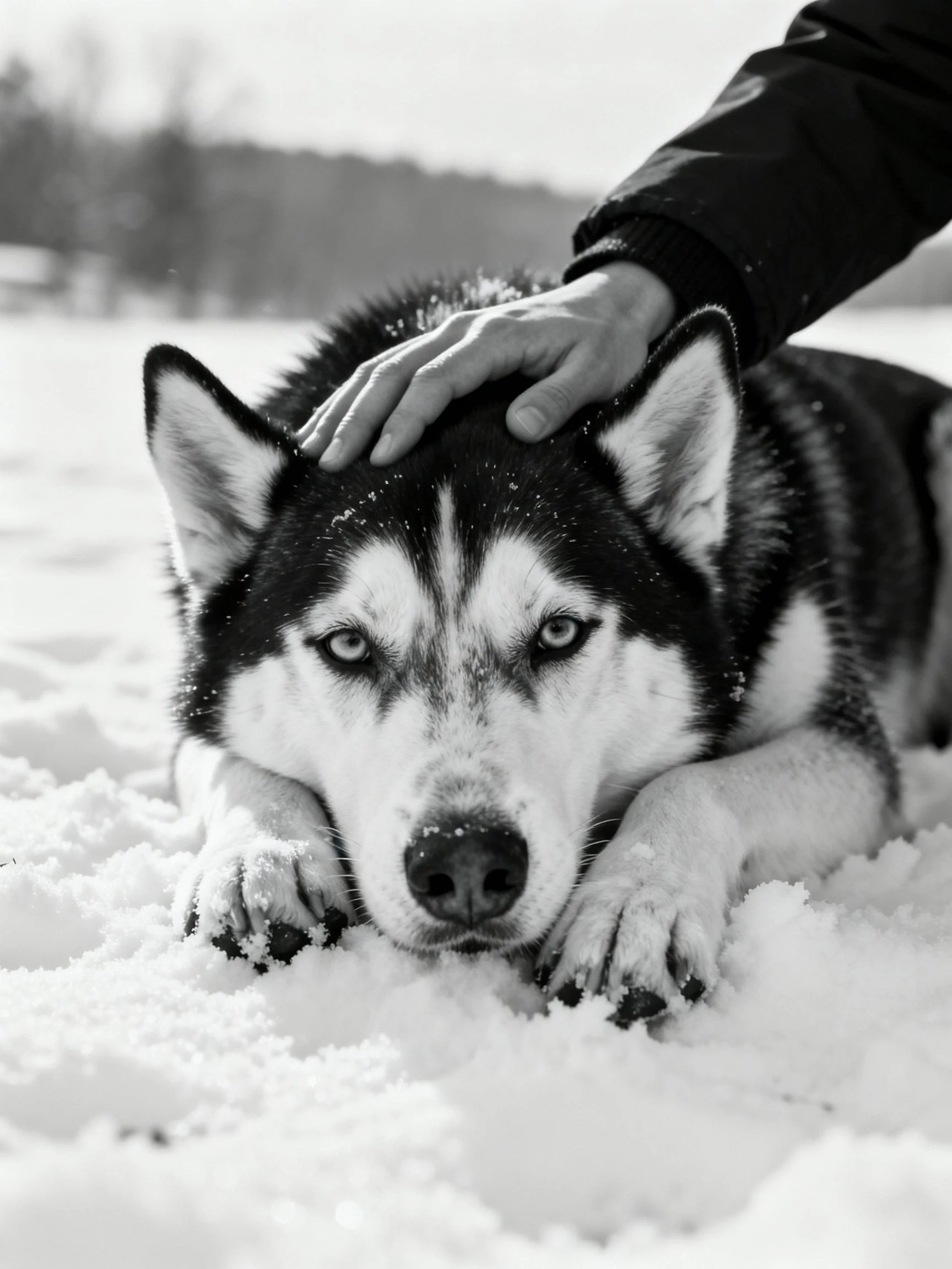 A black-and-white husky resting in snow with a hand petting