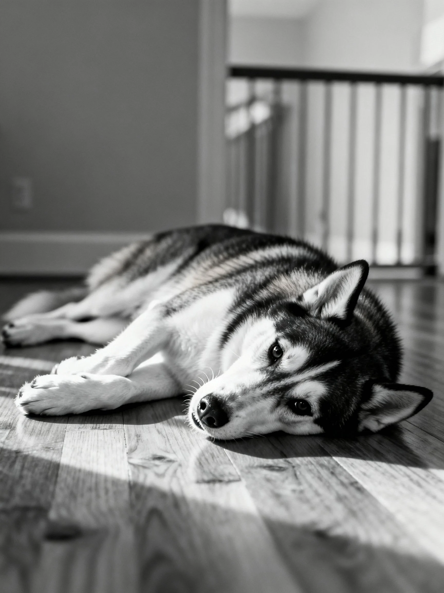 A black and white husky resting on a polished wooden floor