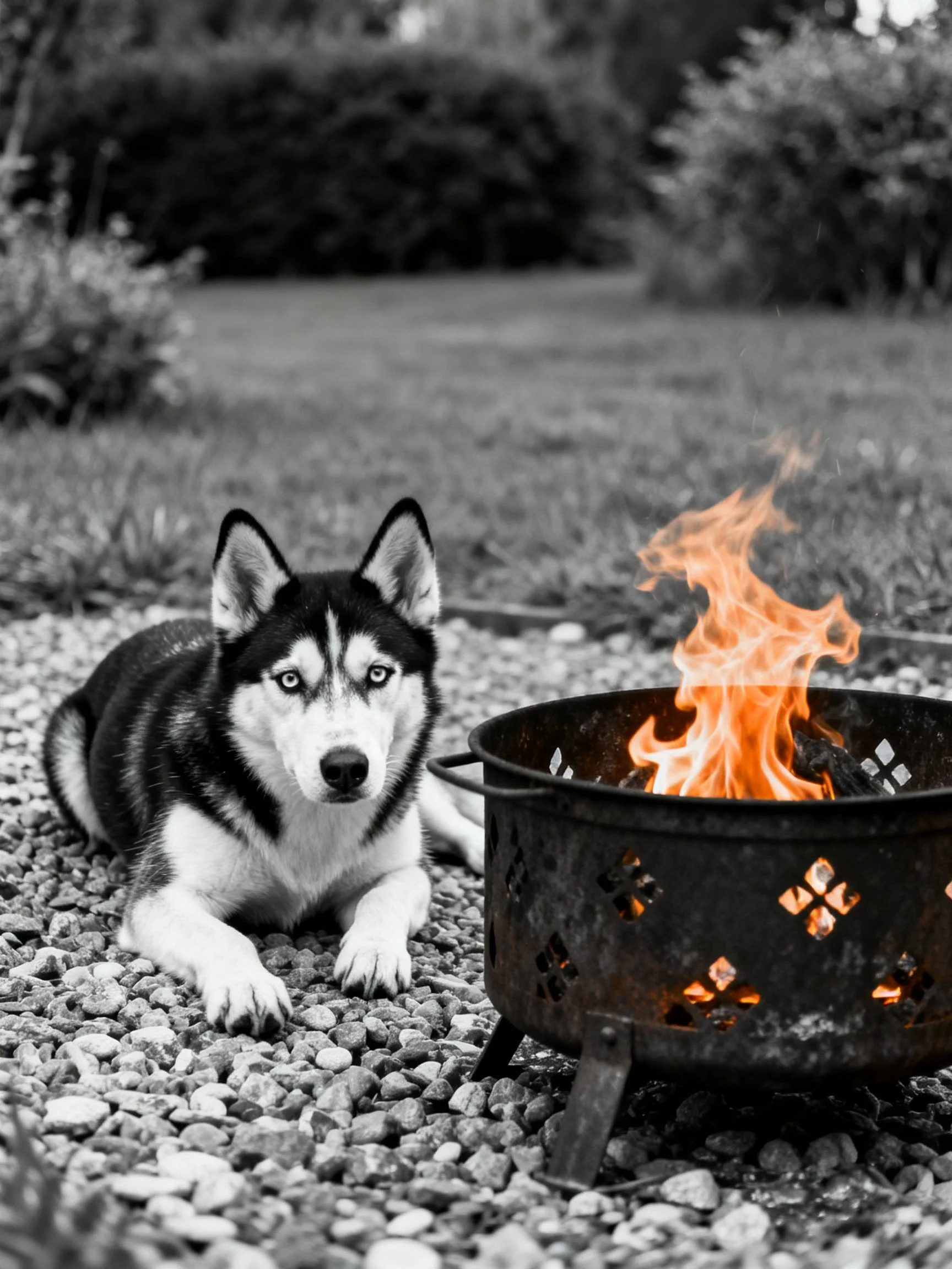 A black-and-white husky sits calmly next to a blazing fire pit outdoors.