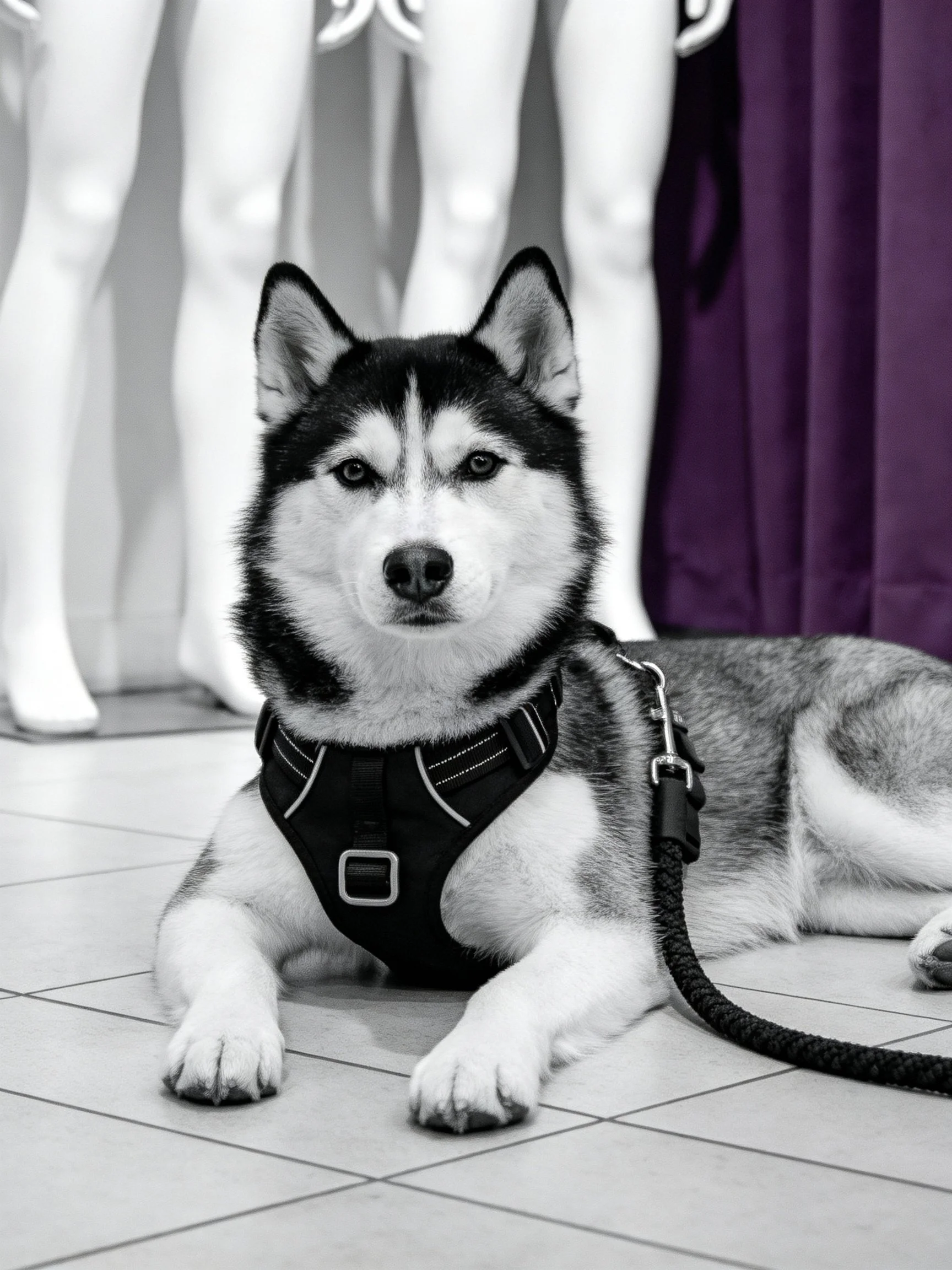 A black - and - white husky rests near mannequins and a purple curtain