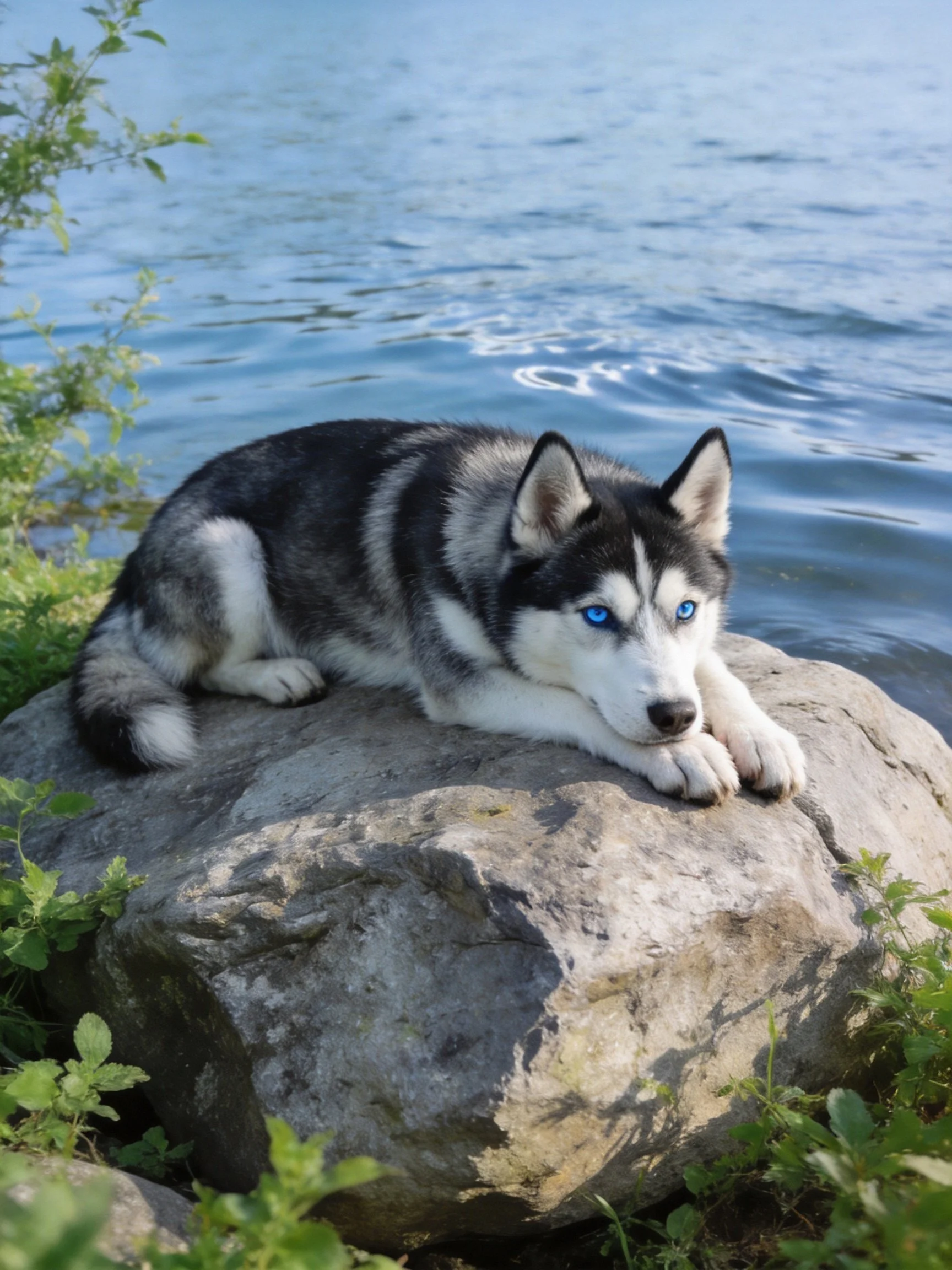A black-and-white husky lies on a rock by a body of water