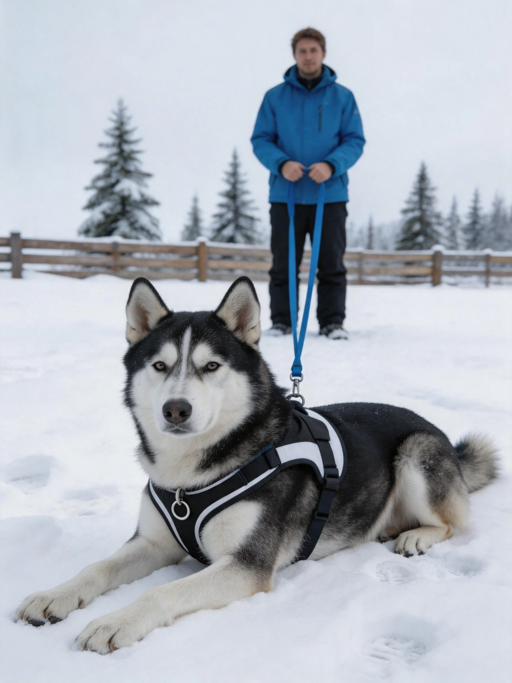 A black-and-white husky lies on snow with a person standing nearby in winter