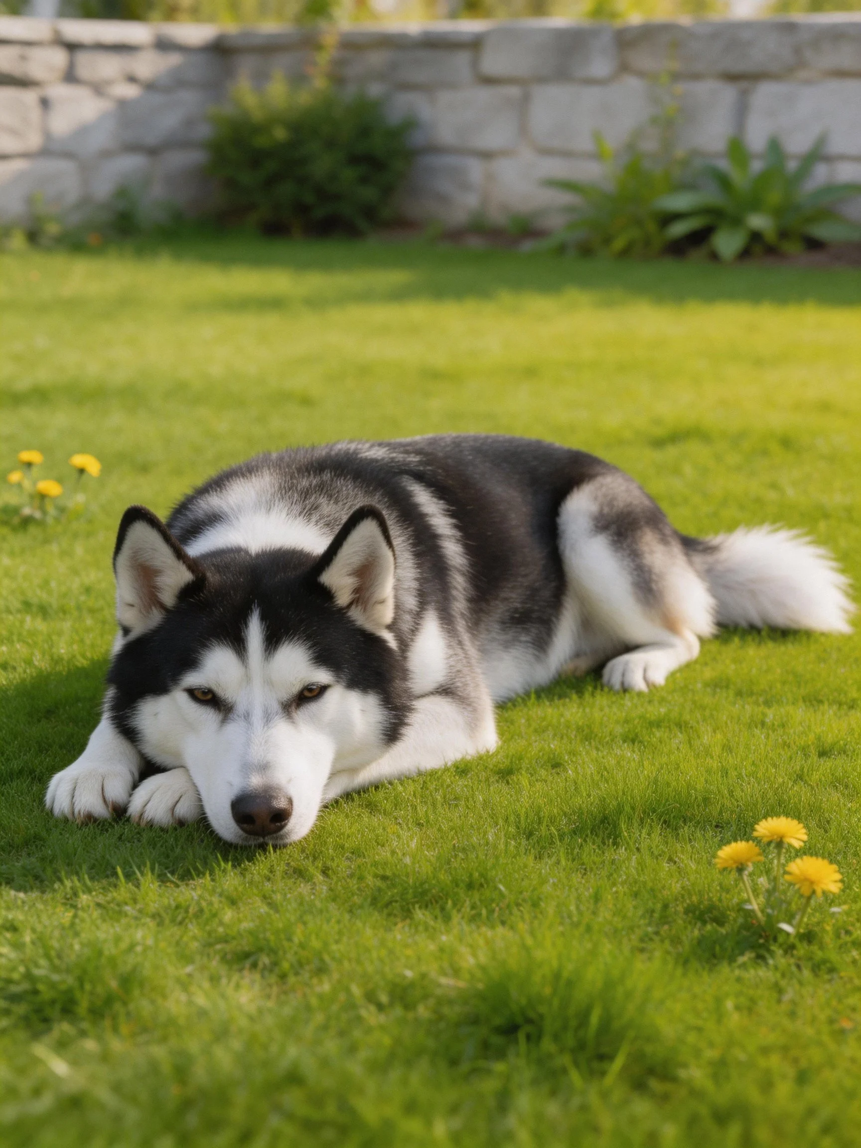A black-and-white husky rests on vibrant green grass near yellow flowers