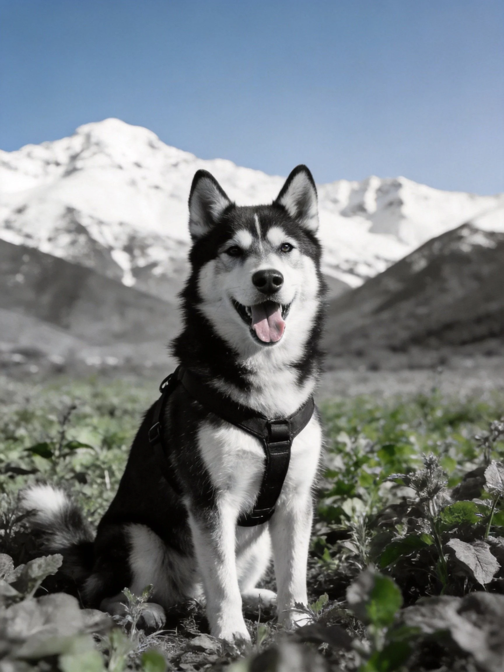 A black-and-white husky sits in a field near snow-capped mountains.