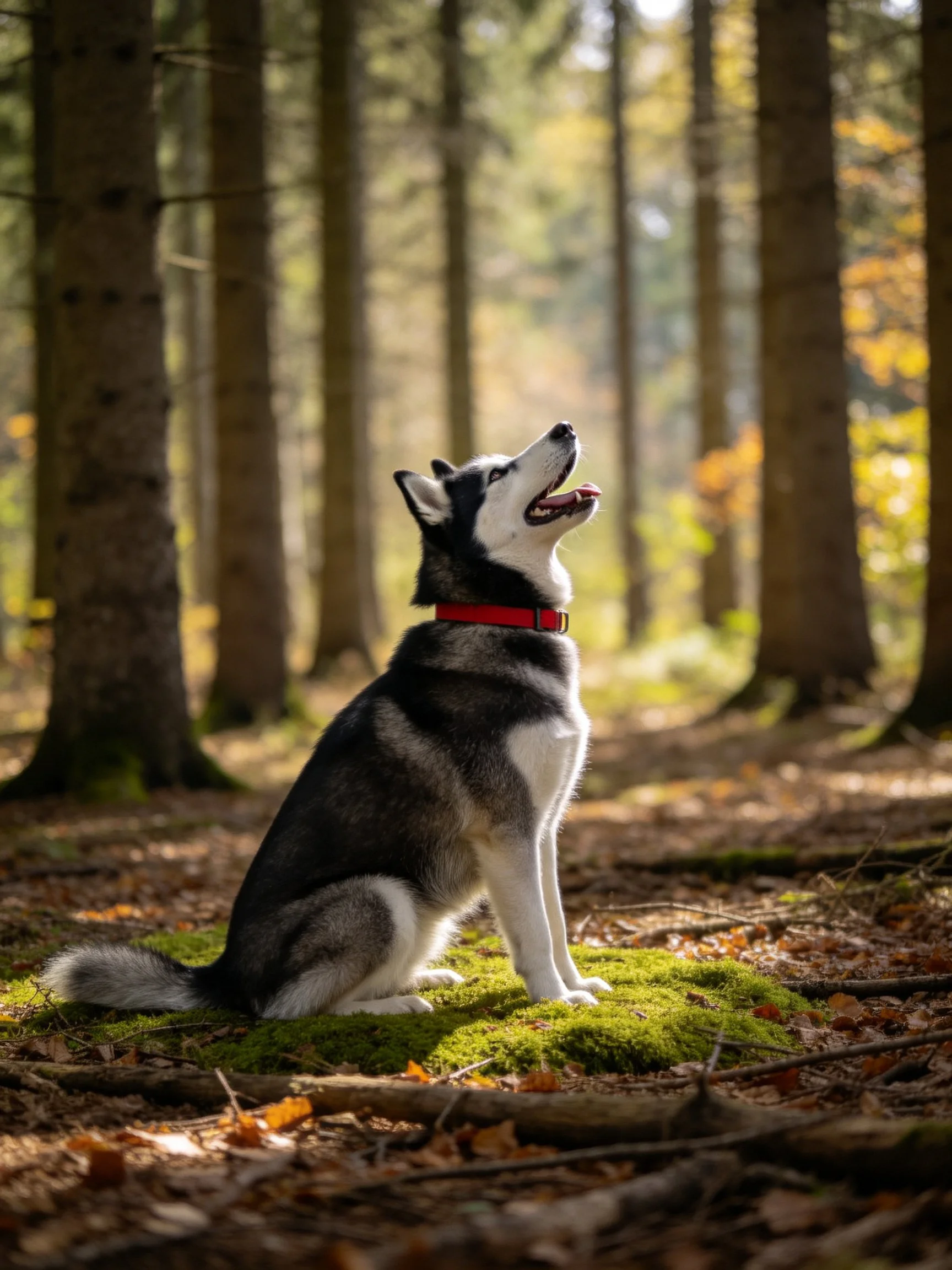 A black-and-white husky sits on moss in a sunlit forest