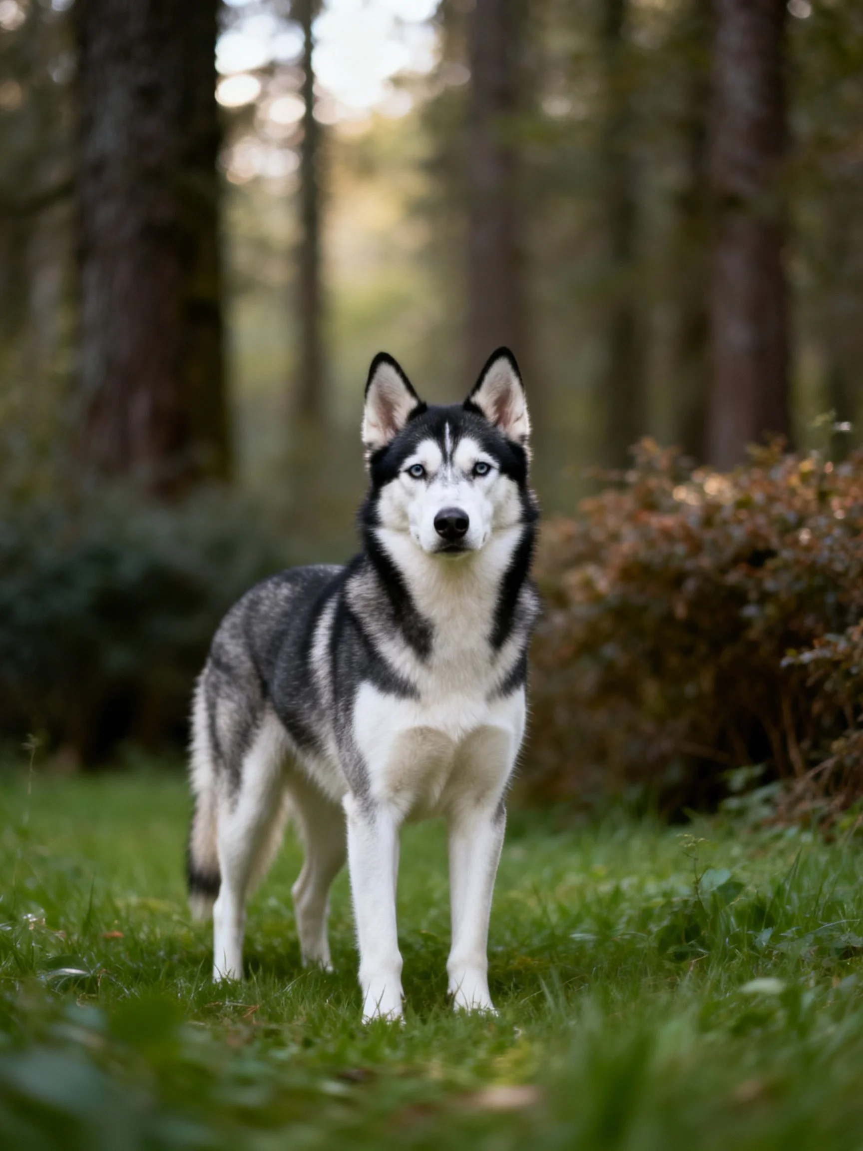 A black-and-white husky stands in a sunlit forest clearing
