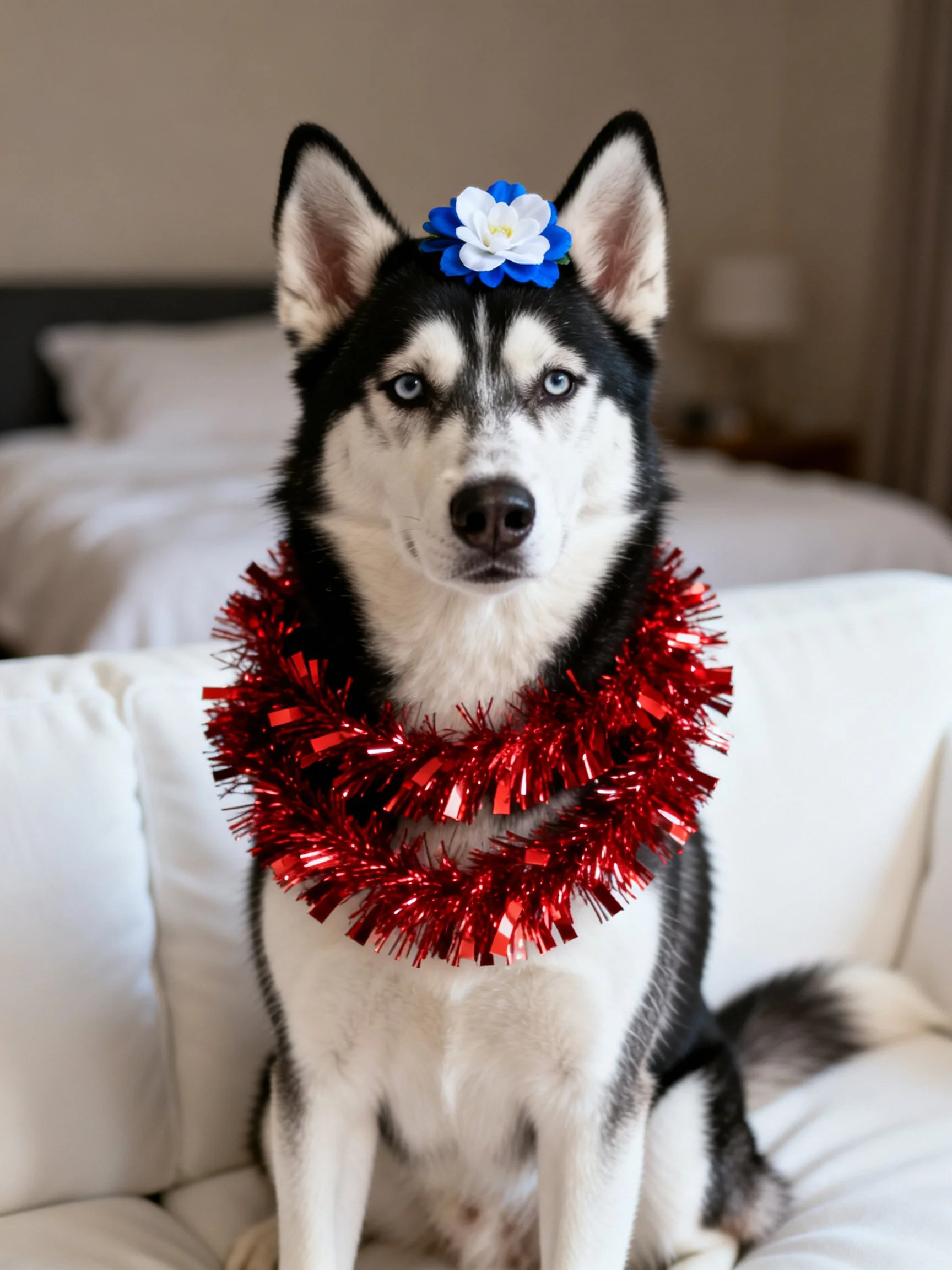 A black-and-white husky sits with festive accessories in a cozy bedroom.