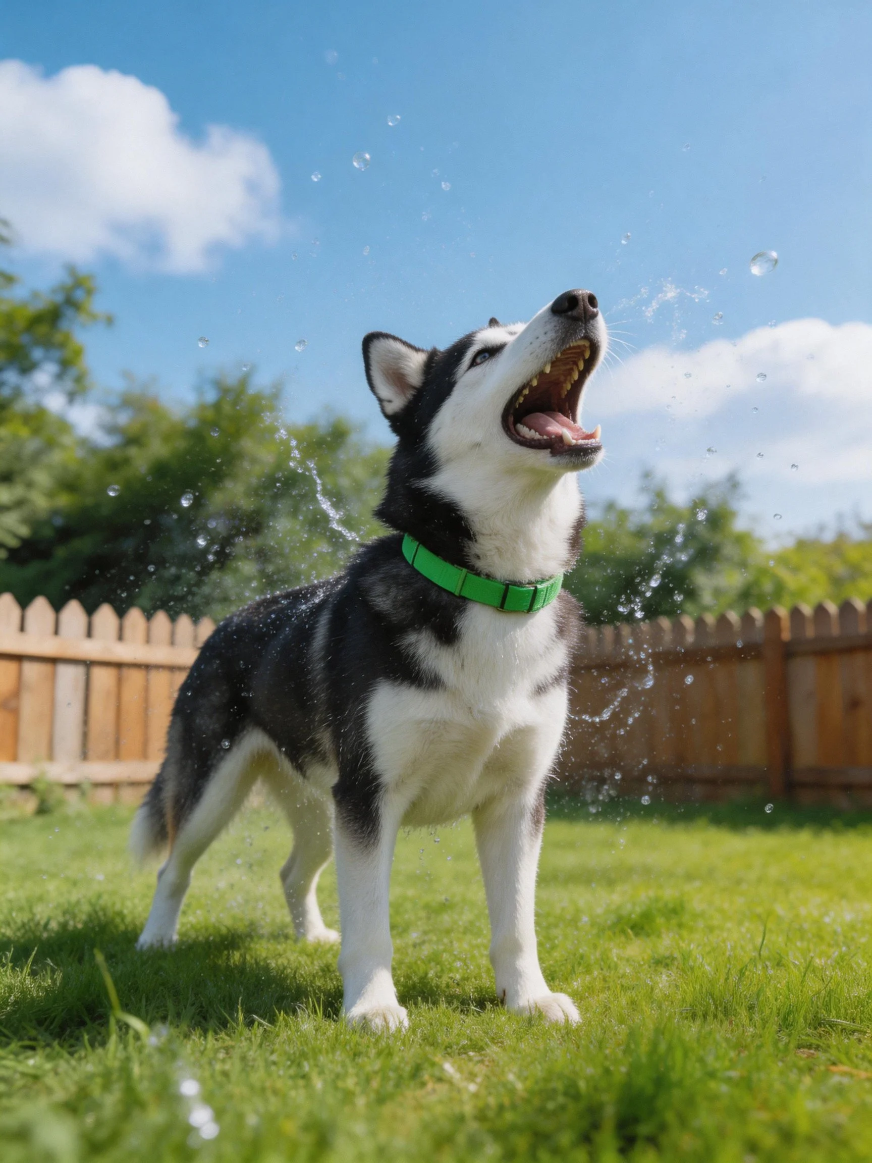 A black-and-white husky with a green collar plays in water spray outdoors