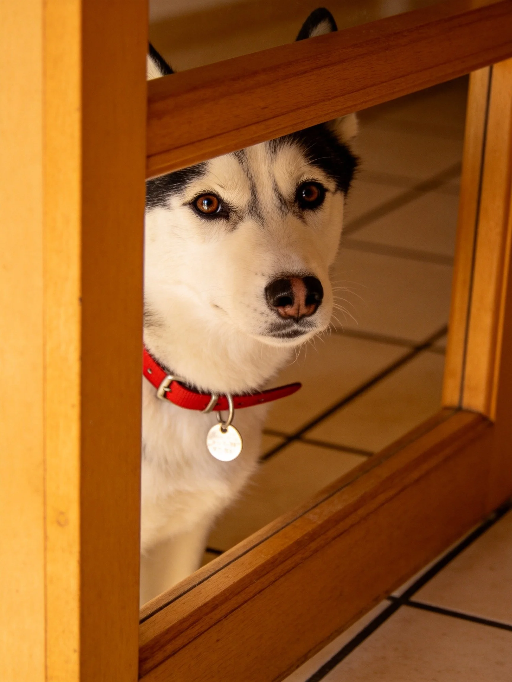 A black - and - white husky with a red collar views through wooden structures.