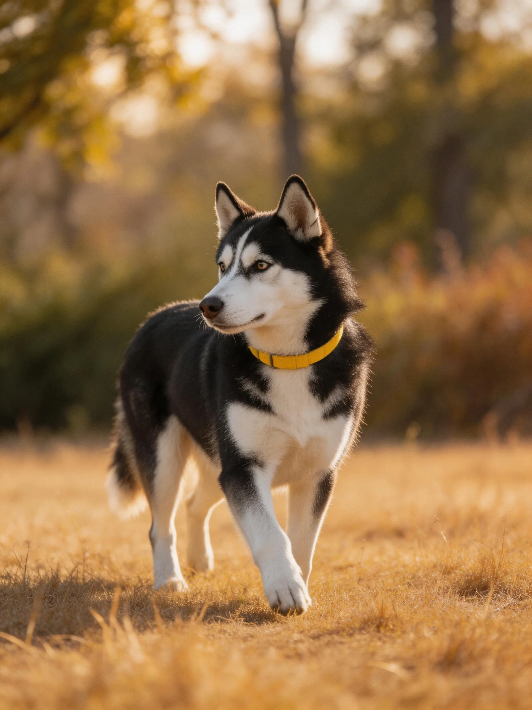 A black-and-white husky with a yellow collar walking in a golden field