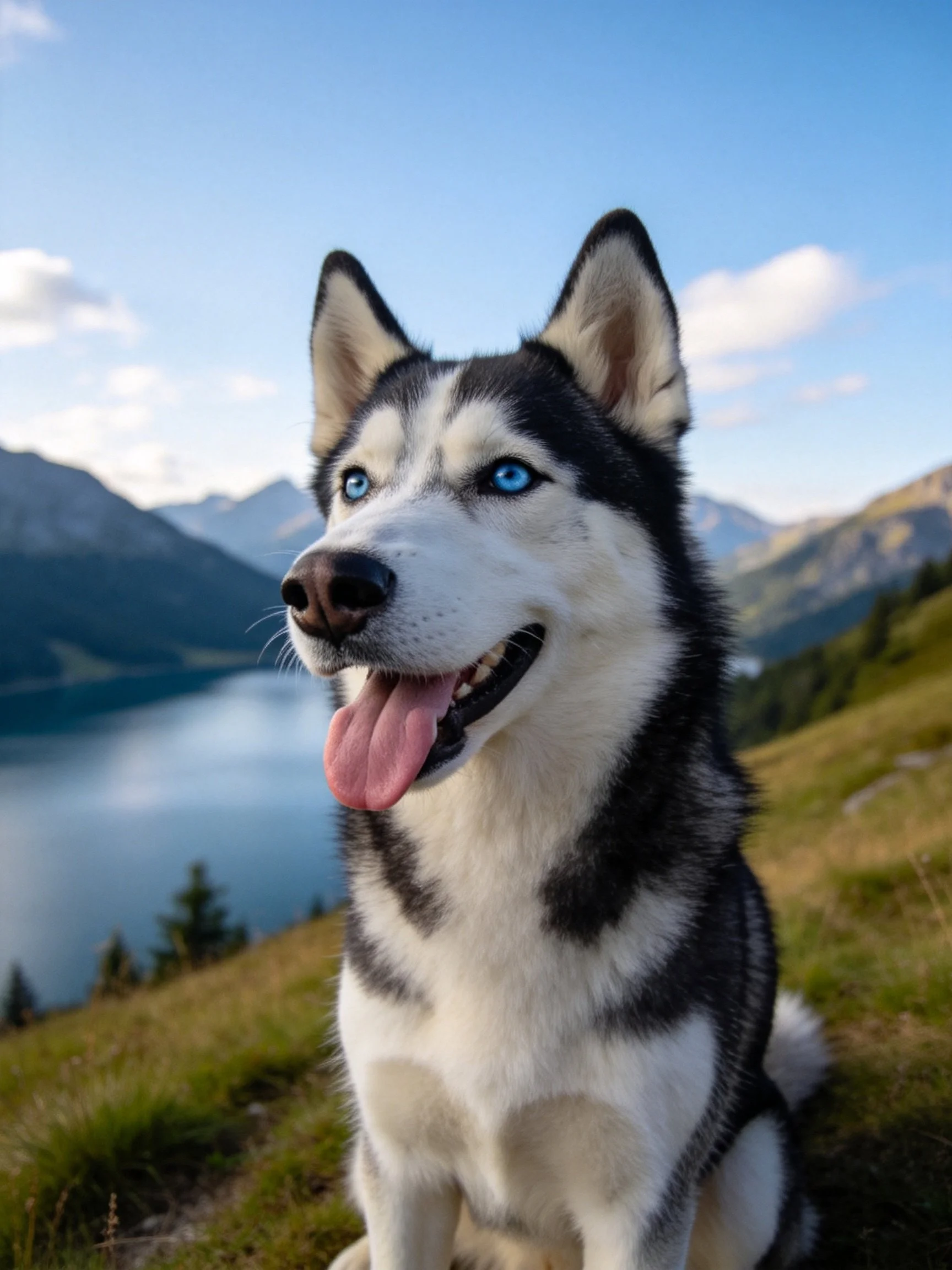 A black-and-white husky with blue eyes sits near a mountain lake.
