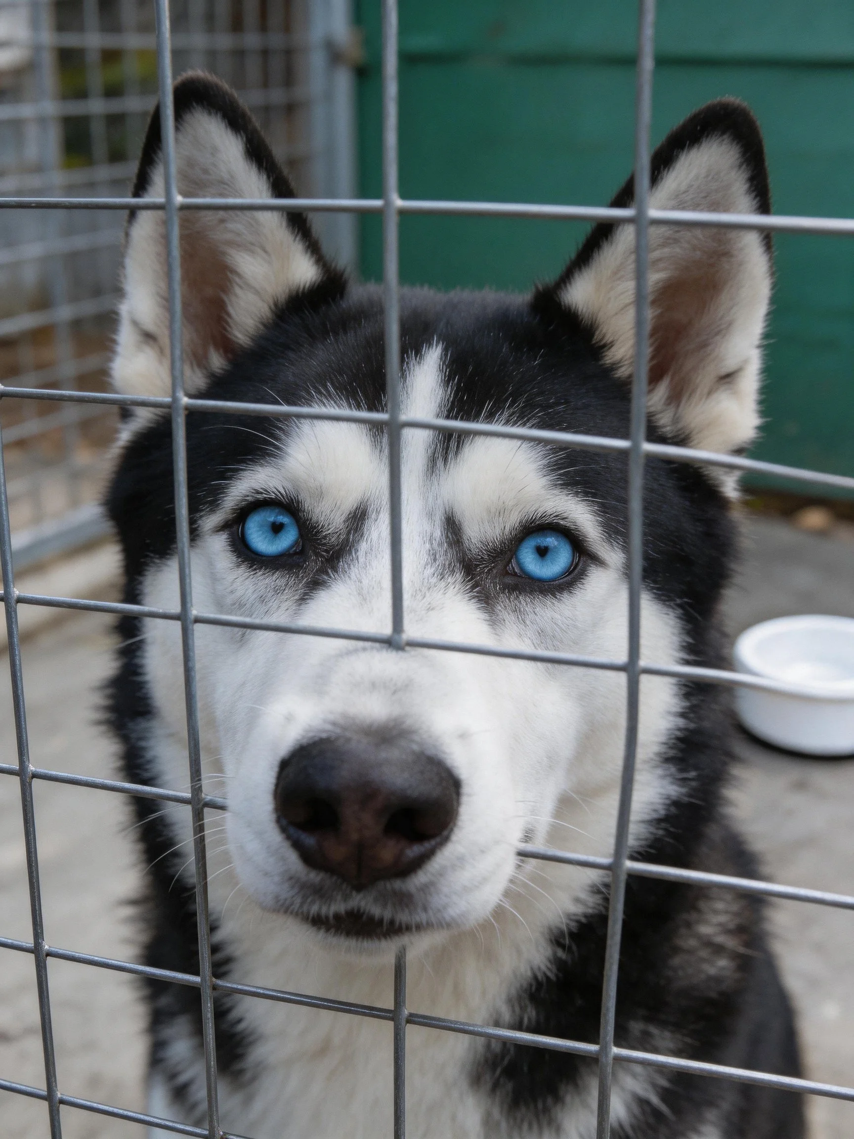 A black-and-white husky with bright blue eyes behind a metal grid