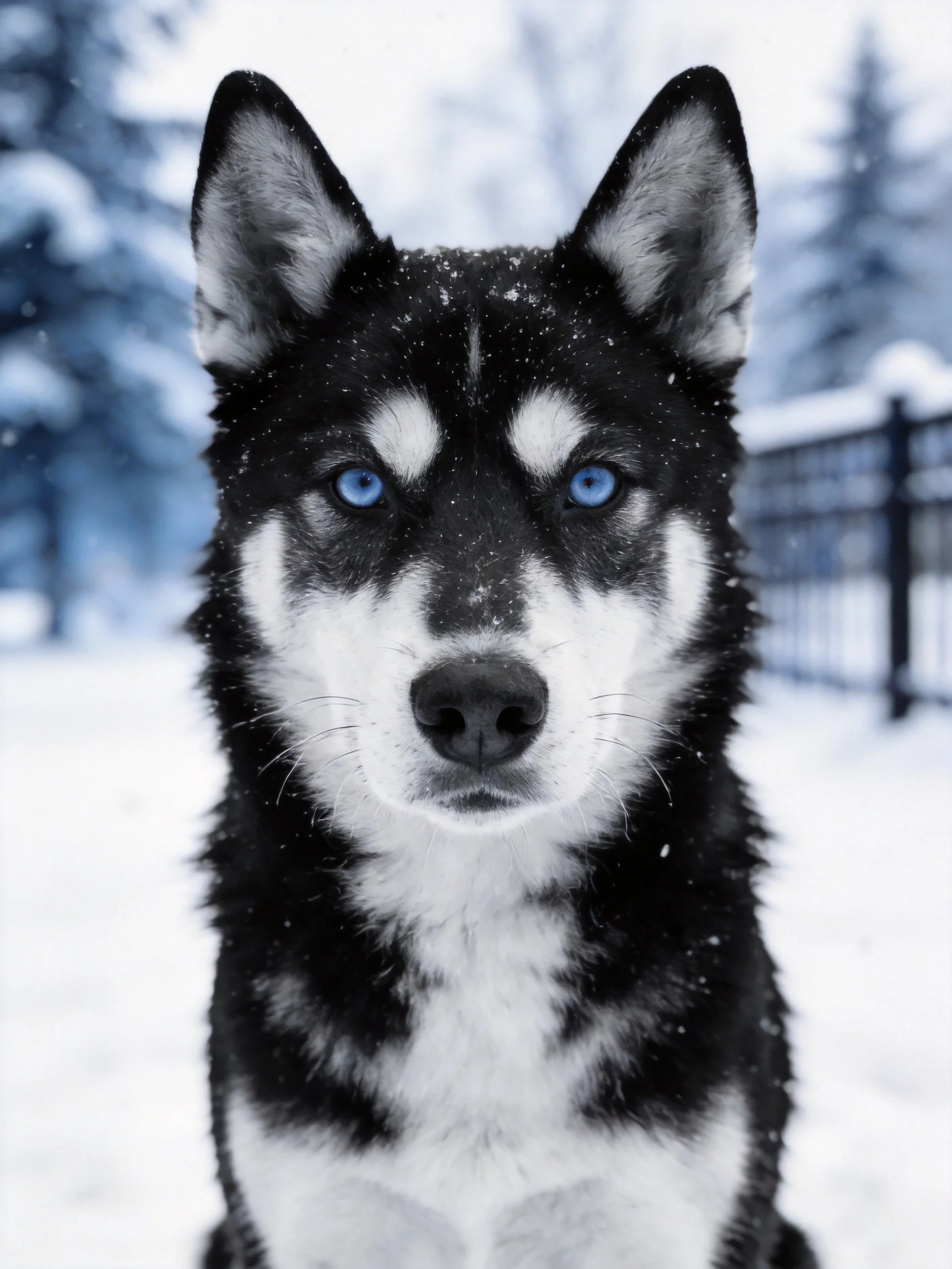 A black and white husky with bright blue eyes in a snowy landscape