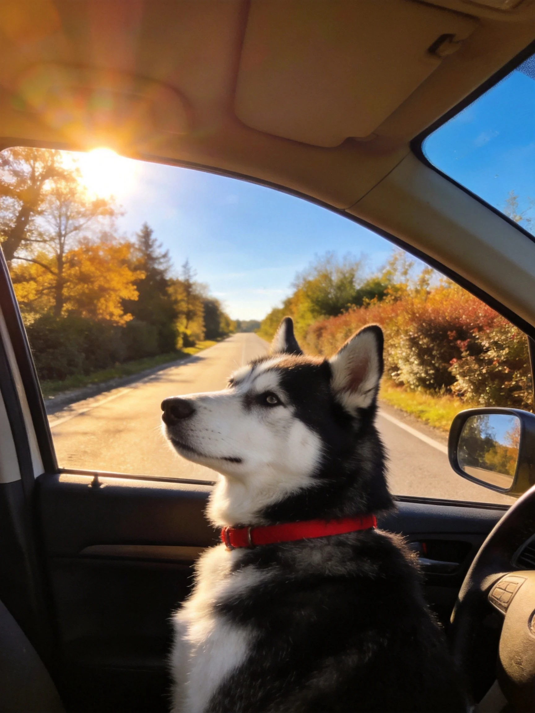 A black-and-white husky with a red collar sits in a car, observing a sunlit autumn landscape.